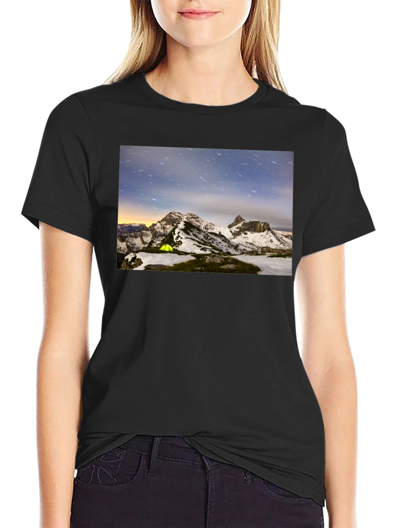Black Mountain Starry Night Camping Black T-Shirt view 2
