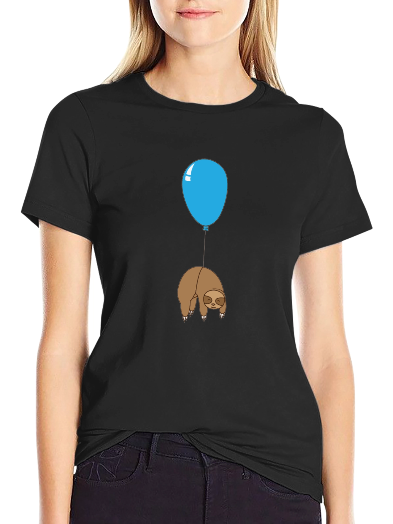 Black Sloth Balloon Graphic Tee - Relaxed Fit Cotton T-Shirt view 2