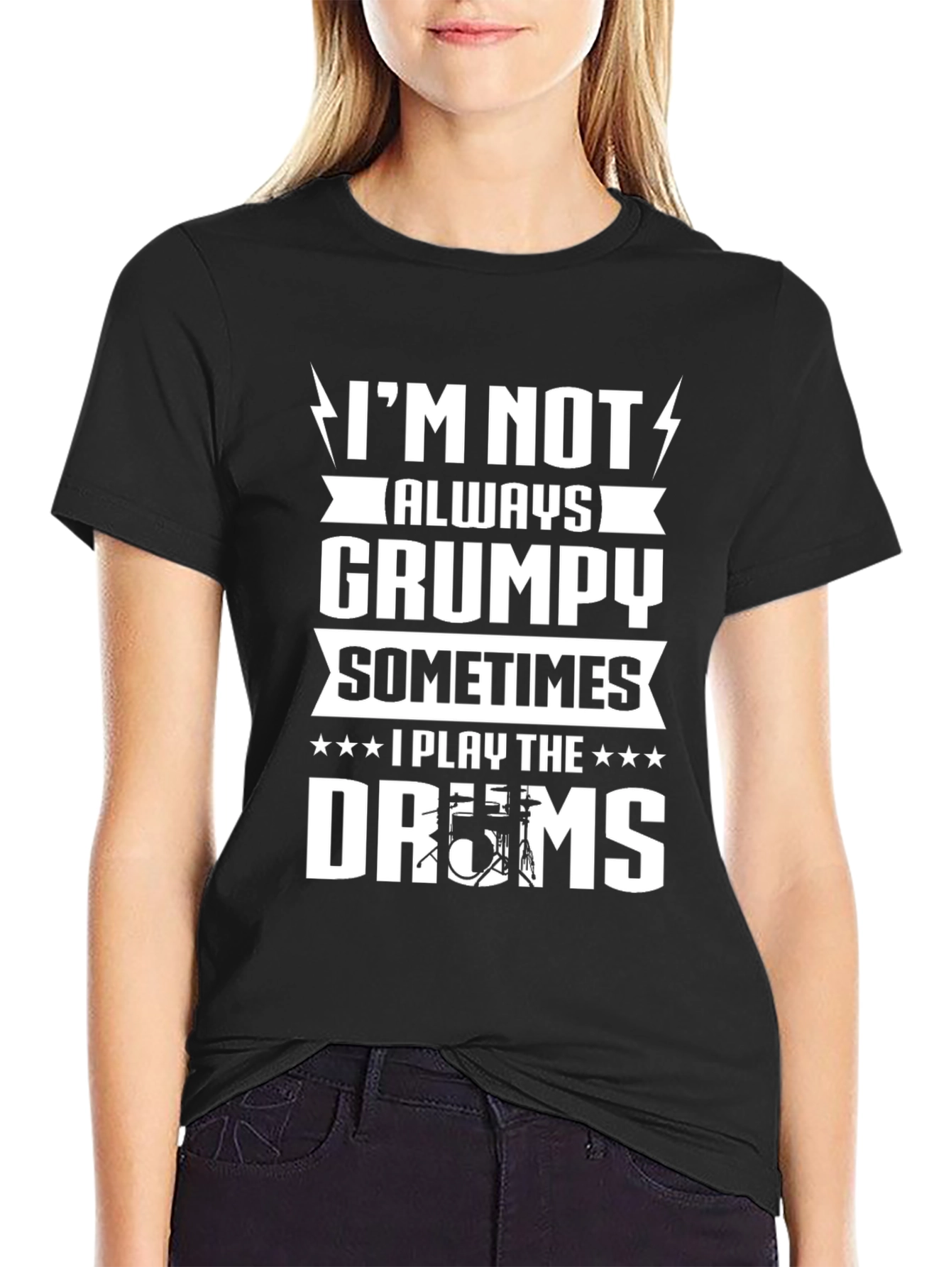Black Grumpy Drummer T-Shirt - Play the Drums Sometimes view 2