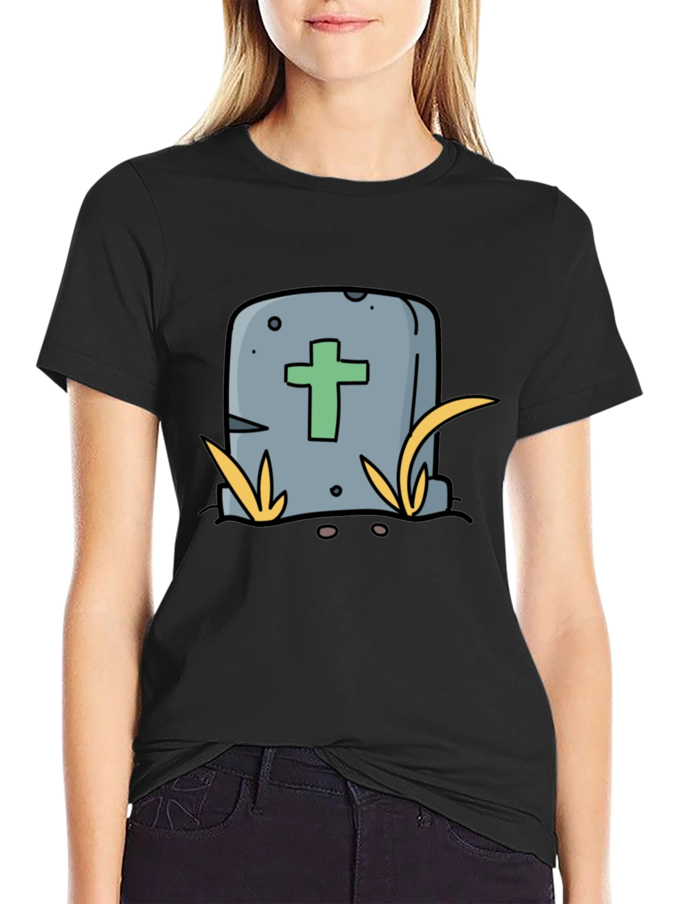 Black Cartoon Tombstone T-Shirt - Funny Halloween Tee view 2