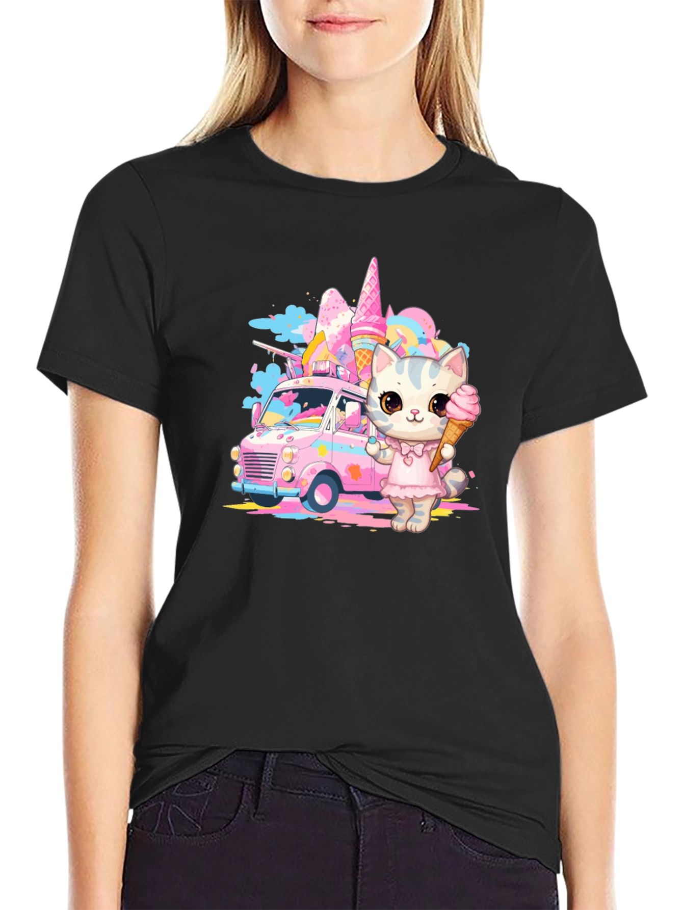 Black Cute Cat Ice Cream Truck Black T-Shirt view 2