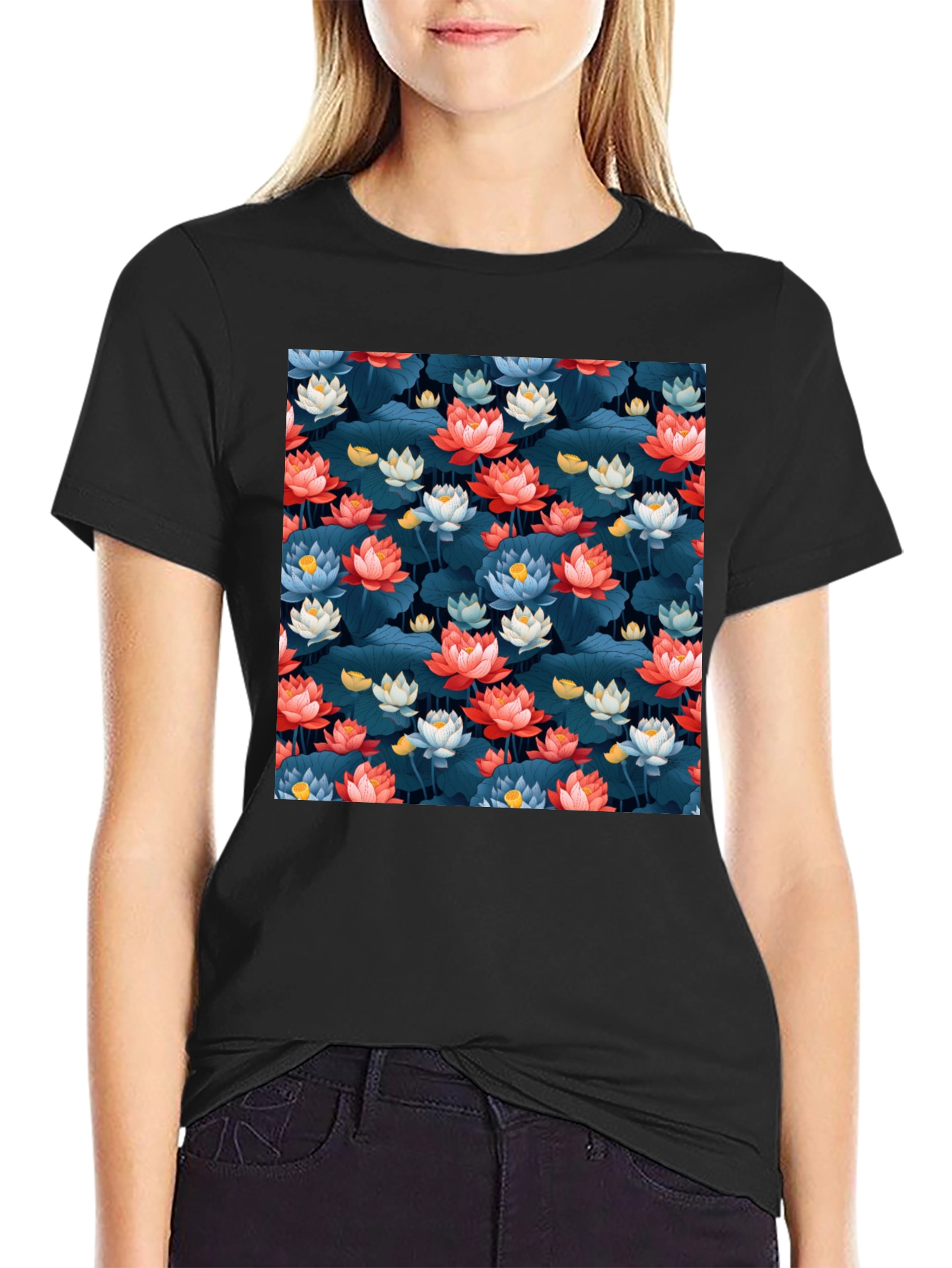 Black Lotus Flower Print Black T-Shirt view 2