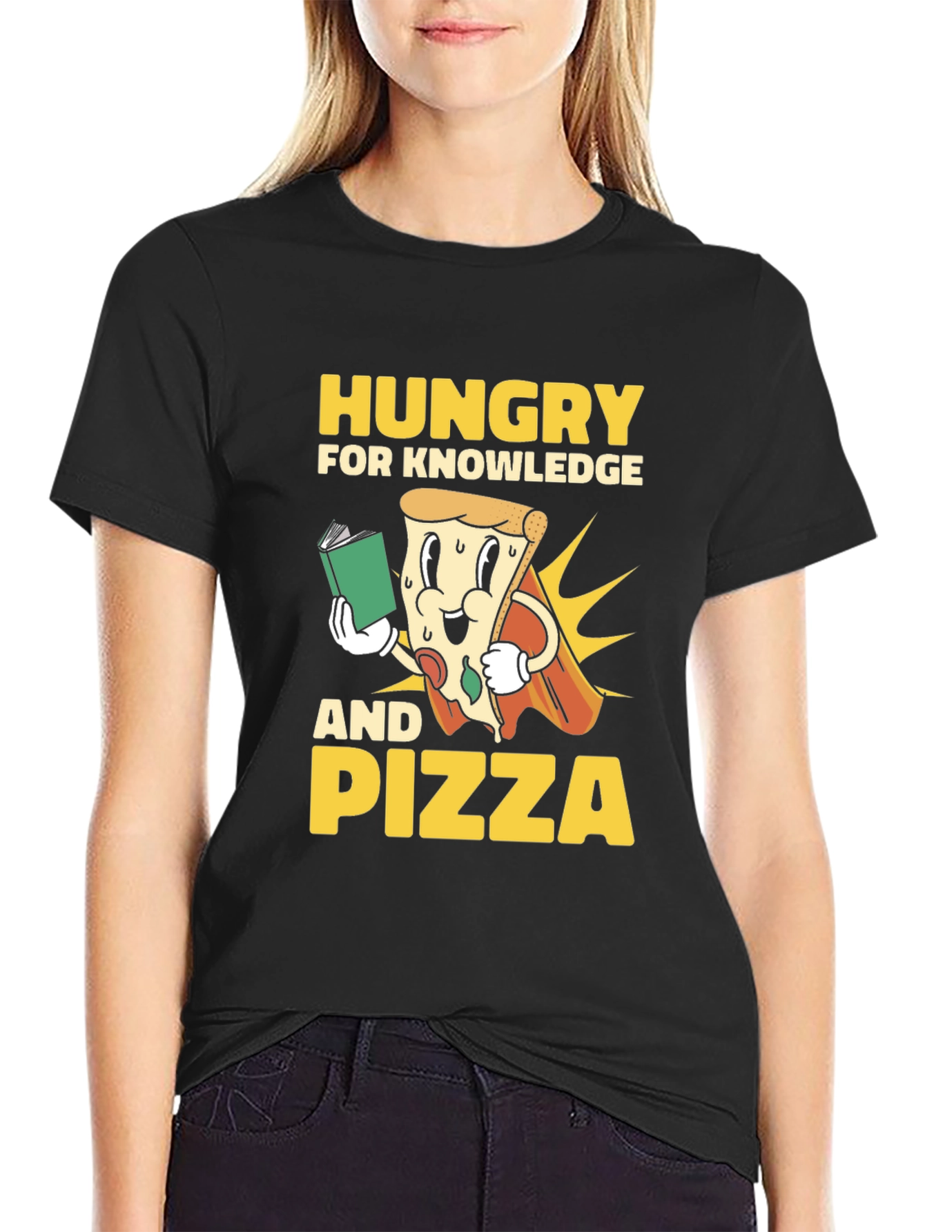Black Hungry for Knowledge and Pizza T-Shirt view 2
