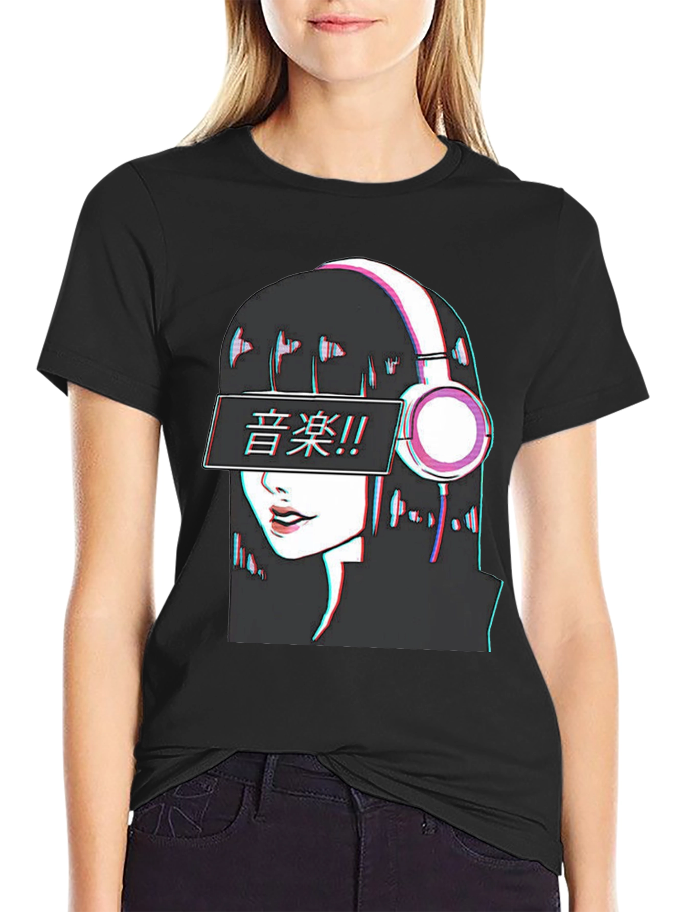 Black Anime Girl Music T-Shirt - Glitch Effect view 2