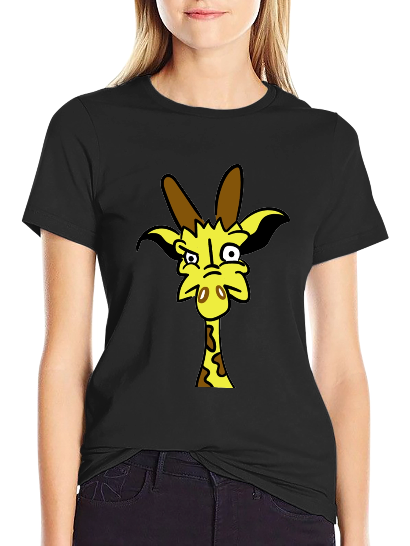 Black Funny Cartoon Giraffe Black T-Shirt view 2