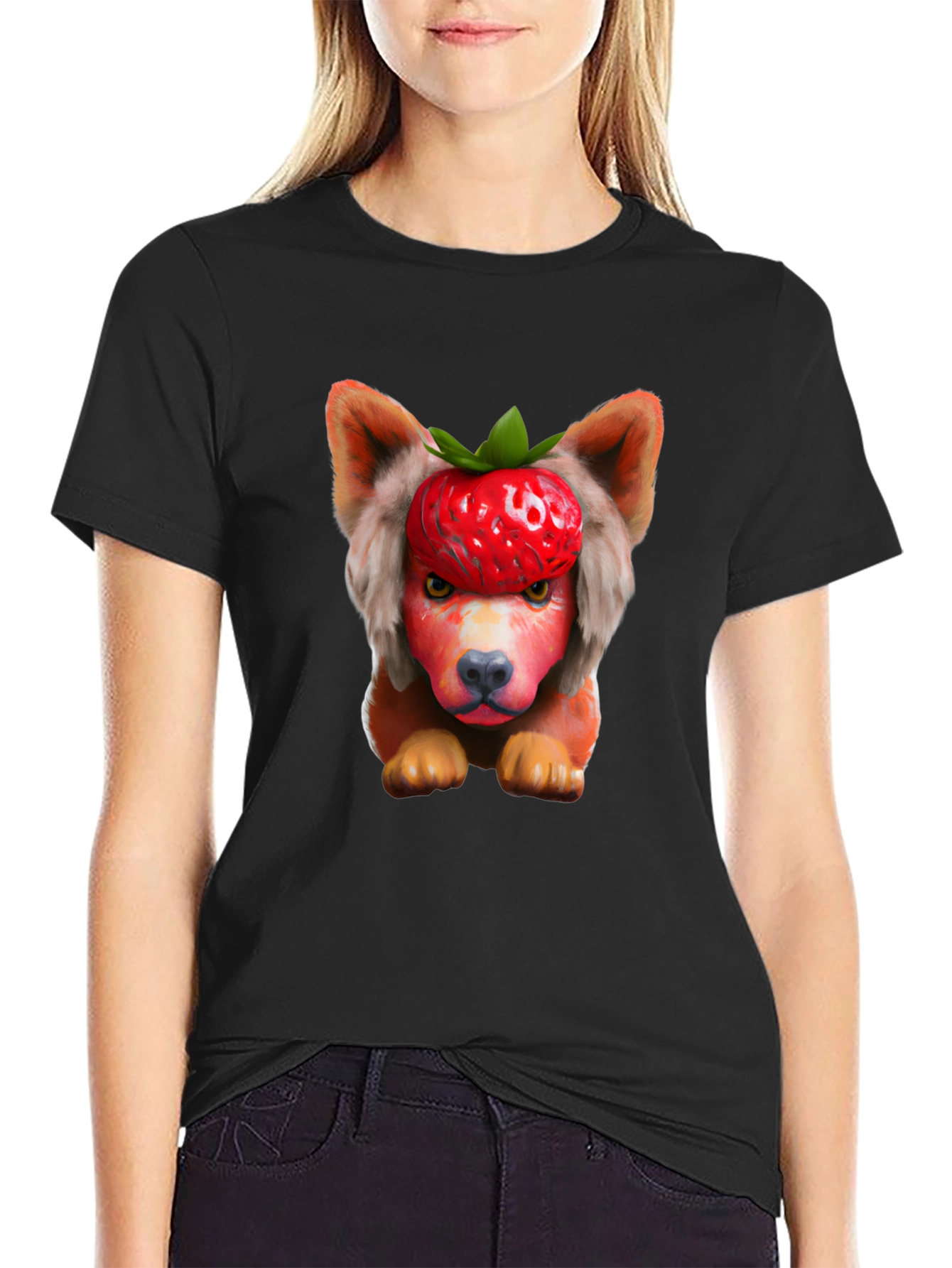 Black Strawberry Dog Head Graphic Tee - Unique & Fun! view 2