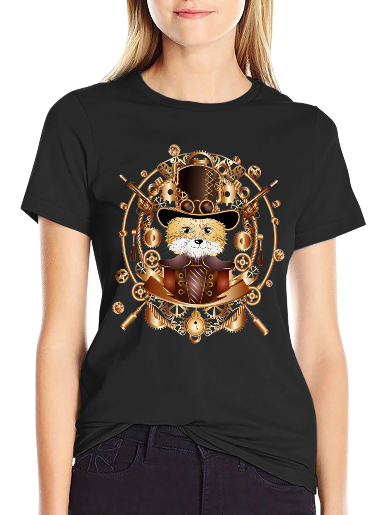 Black Steampunk Fox T-Shirt - Unique Graphic Tee view 2