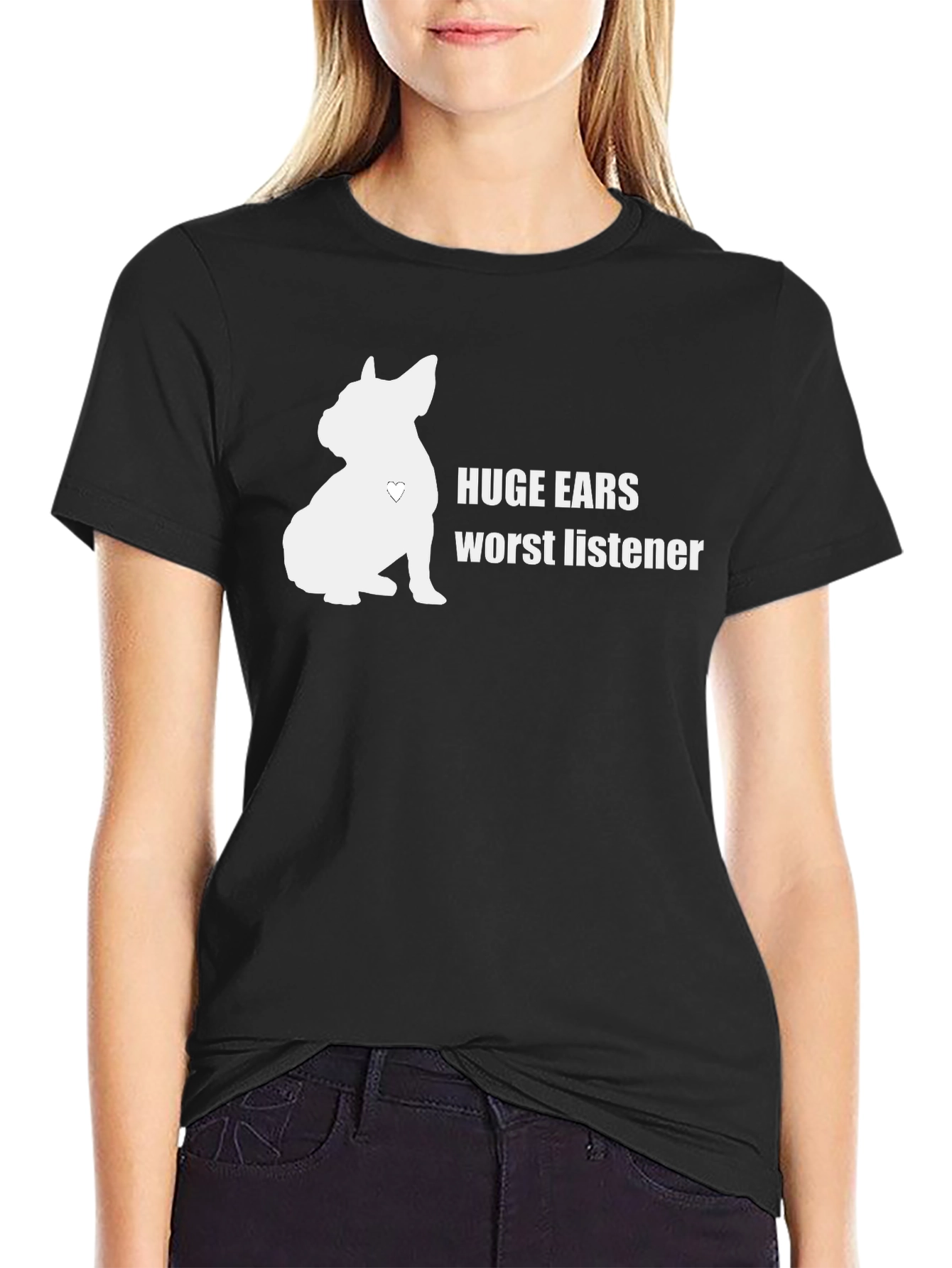 Black Humorous "Huge Ears, Worst Listener" Dog T-Shirt view 2