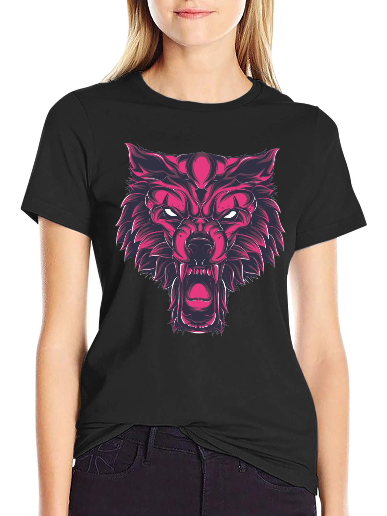 Black Fierce Wolf Graphic Print Black T-Shirt view 2