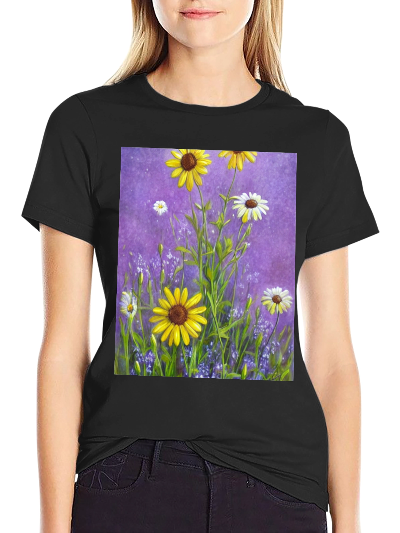 Black Floral Garden T-Shirt: Vibrant Sunflower Meadow Design view 2