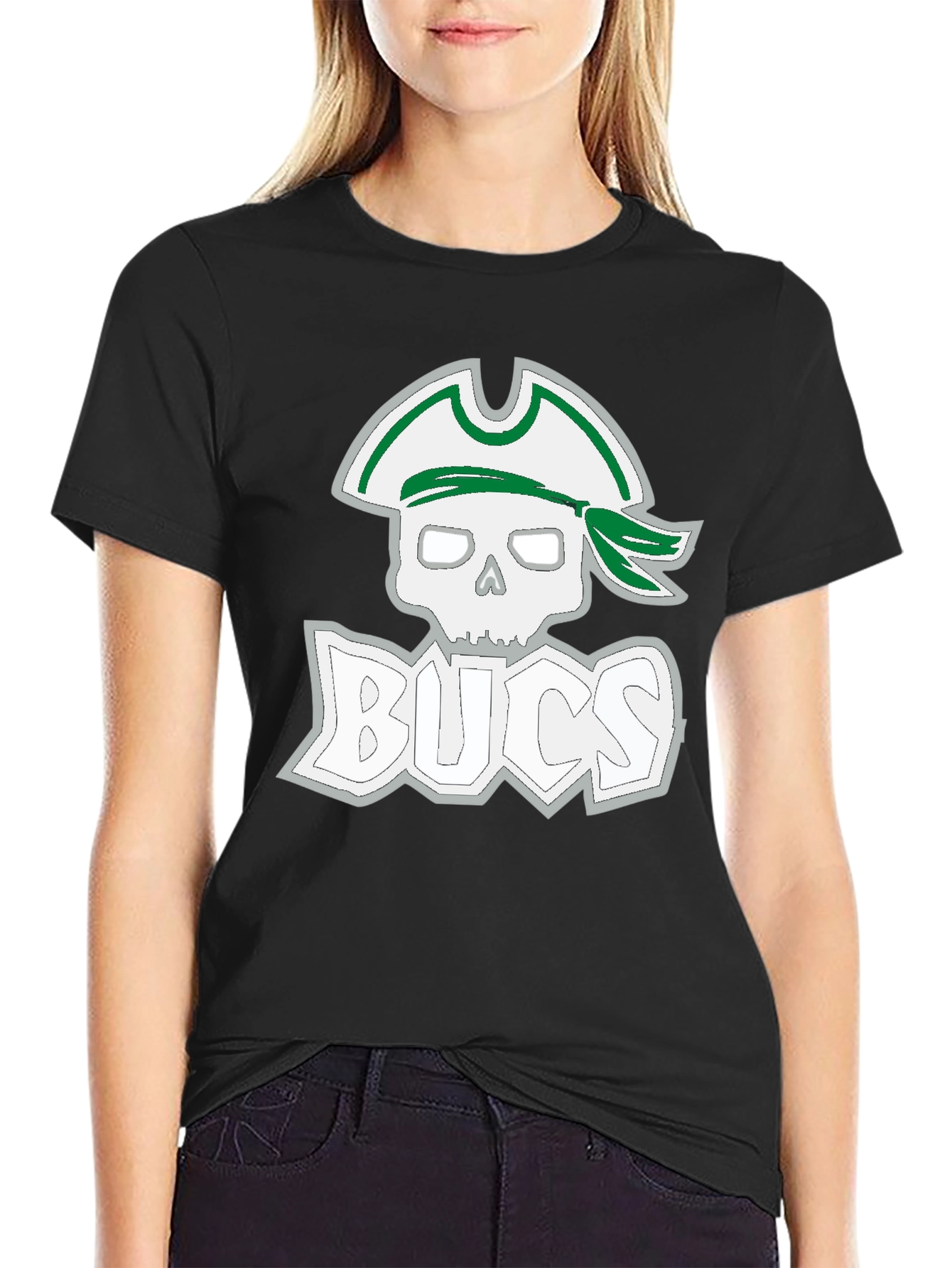 Black Men's Black T-Shirt with Pirate Skull & 'BUCS' Graphic view 2