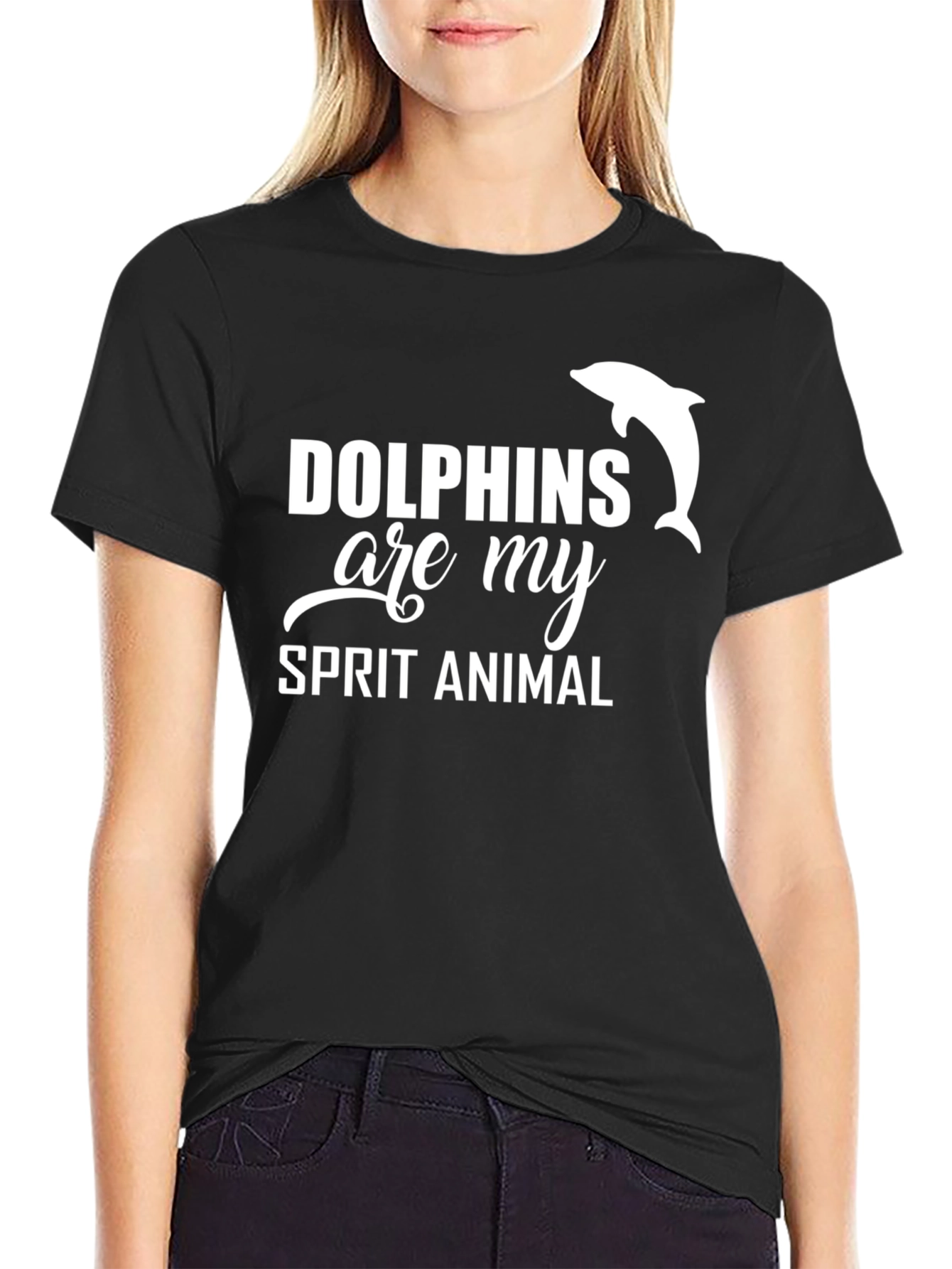 Black Dolphins Are My Spirit Animal T-Shirt - Black Cotton Tee view 2