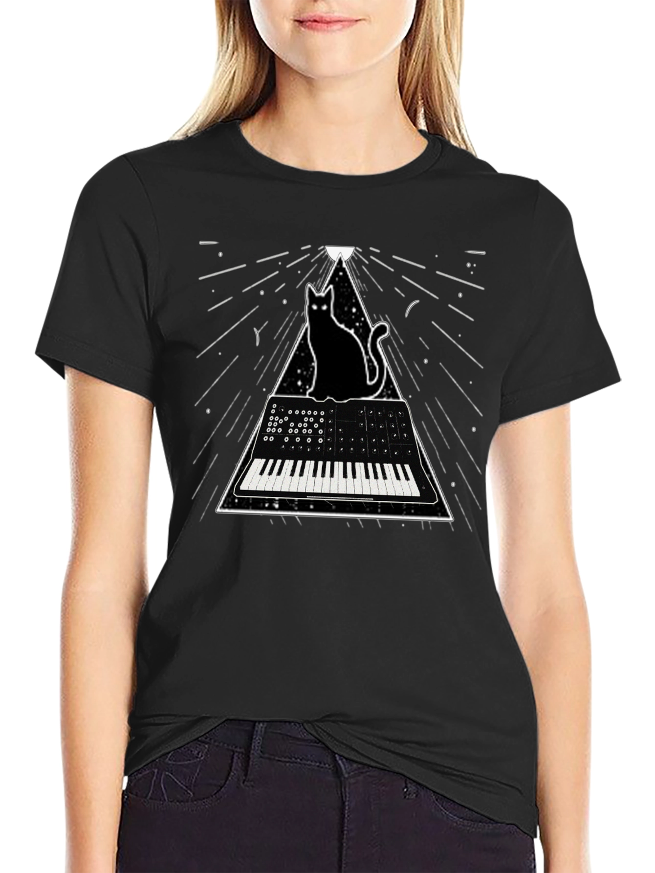 Black Cat Keyboard T-Shirt - Synthwave Style view 2