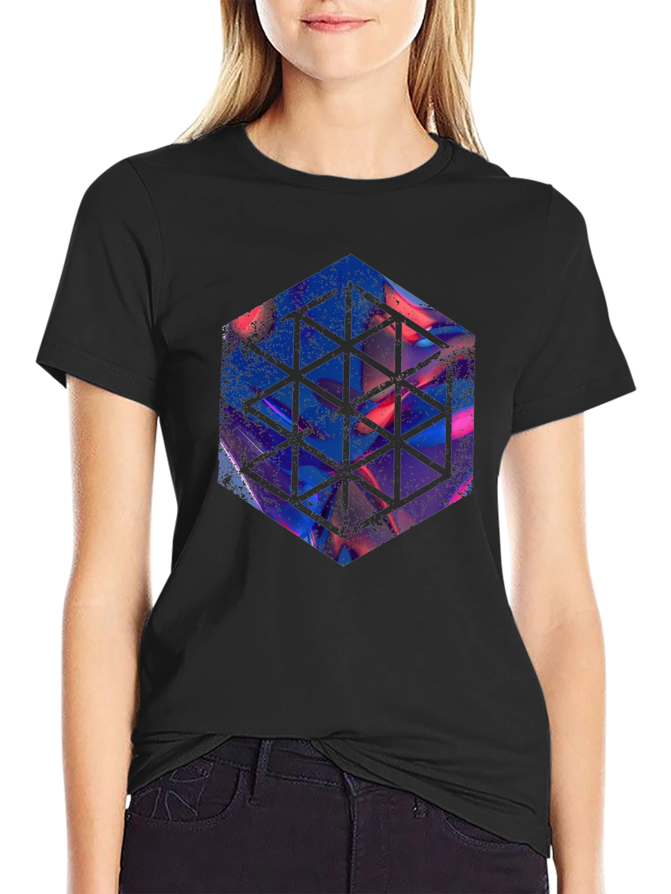 Black Geometric Hexagon Graphic Black T-Shirt view 2