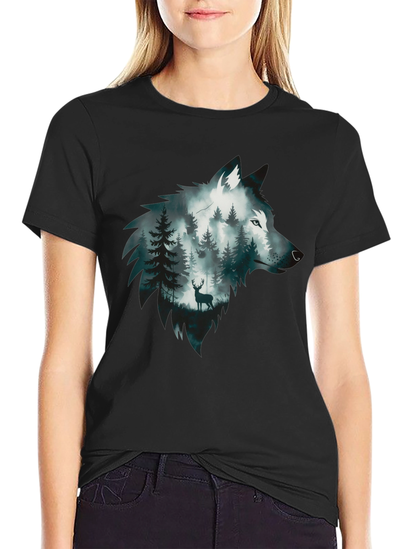 Black Wolf Forest Graphic Tee - Nature Inspired Design view 2