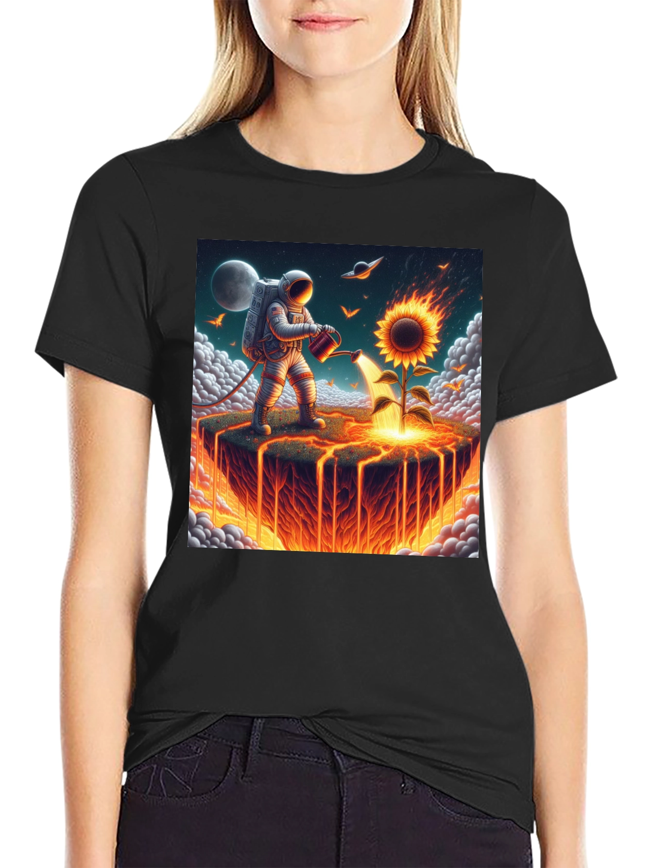 Black Astronaut Watering Fire Sunflower T-Shirt view 2