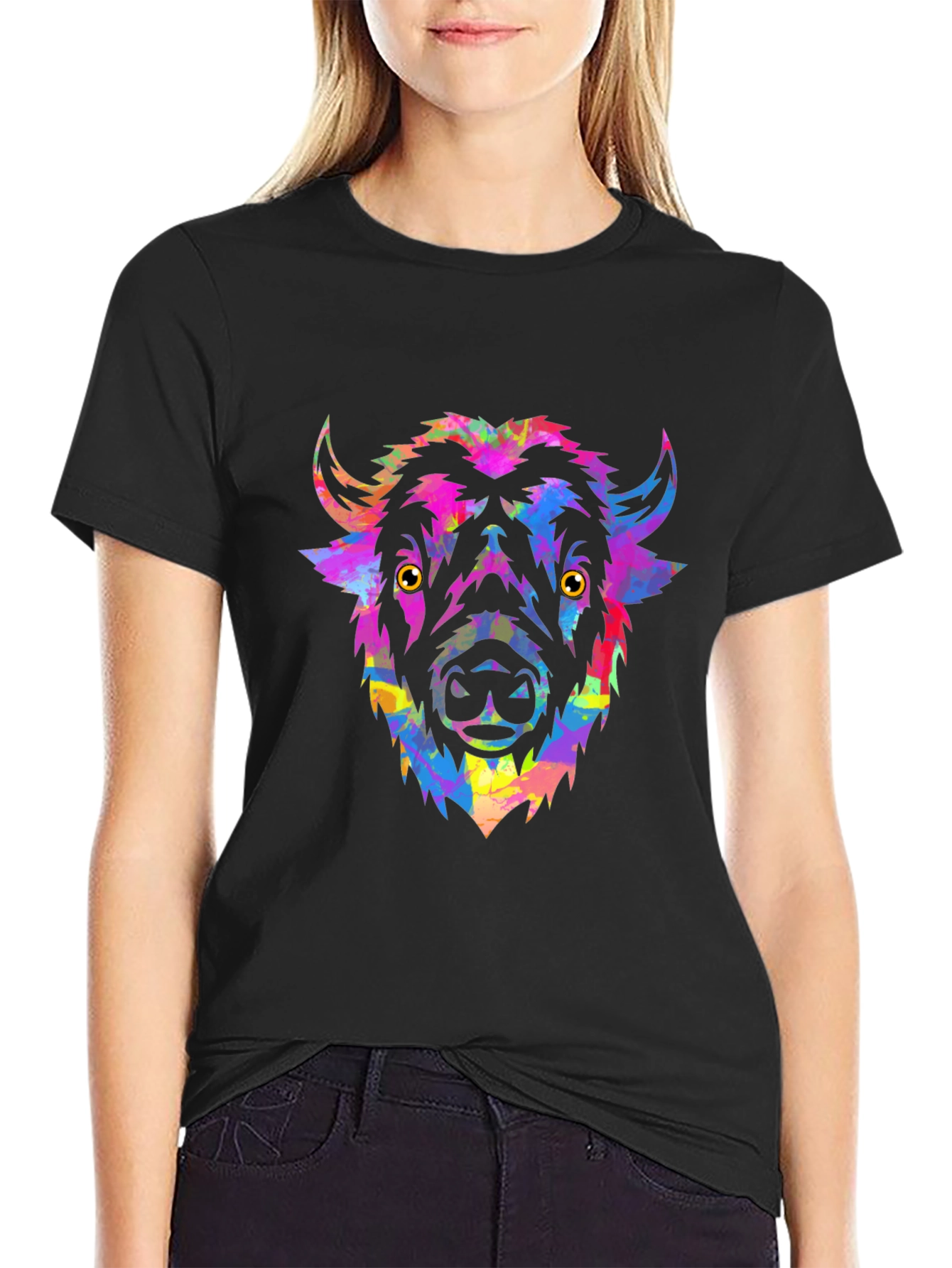 Black Colorful Bison Head Graphic Tee - Men's Black T-Shirt view 2