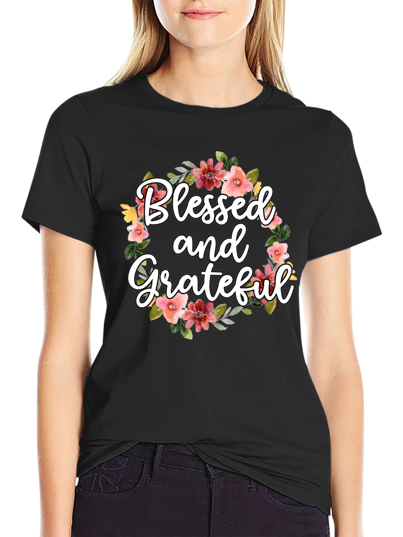 Black Blessed & Grateful Floral T-Shirt view 2