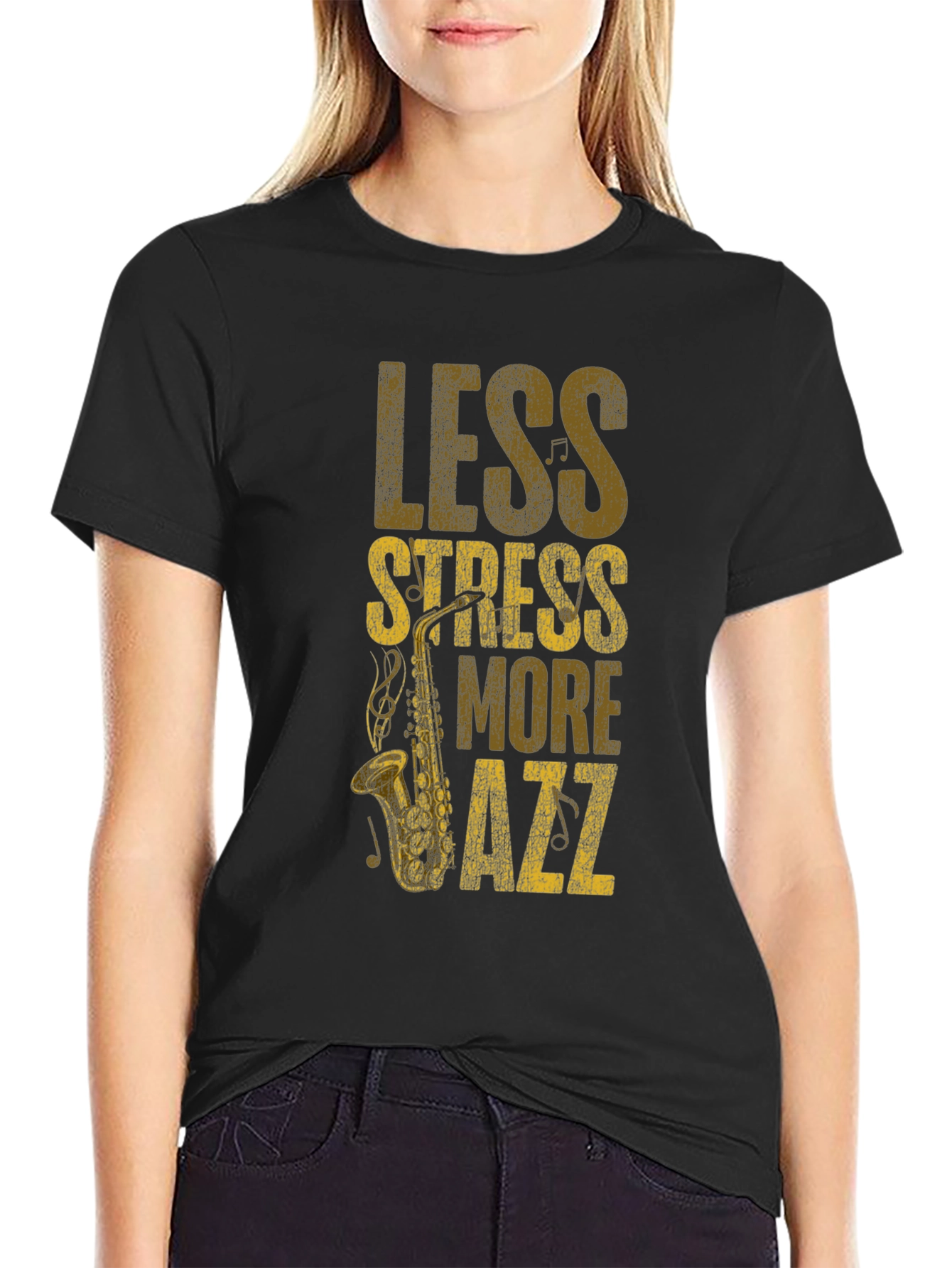 Black Less Stress More Jazz T-Shirt - Cool Music Tee view 2