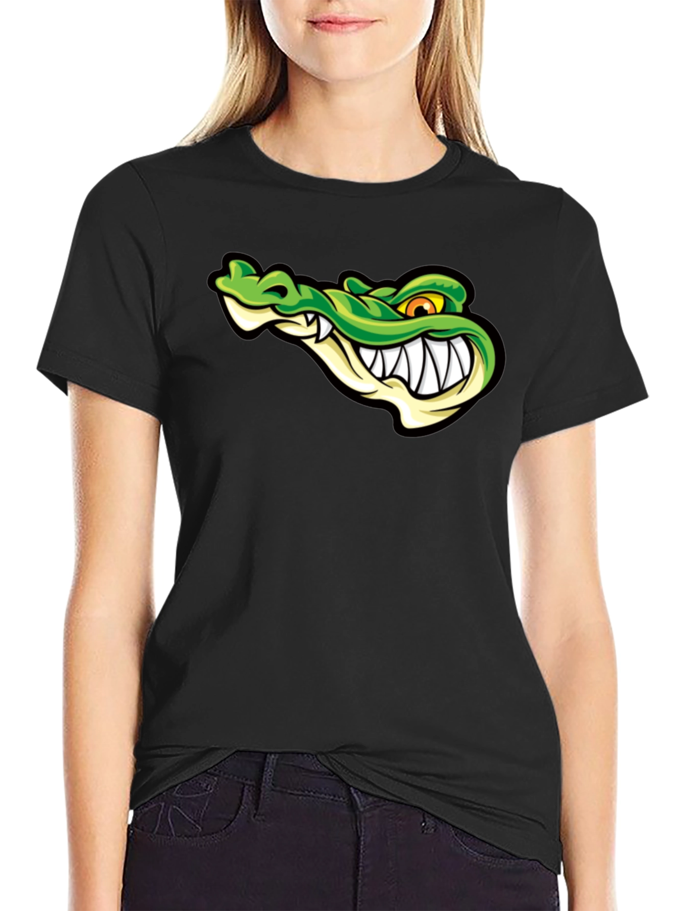 Black Cool Alligator Graphic Print Black T-Shirt view 2