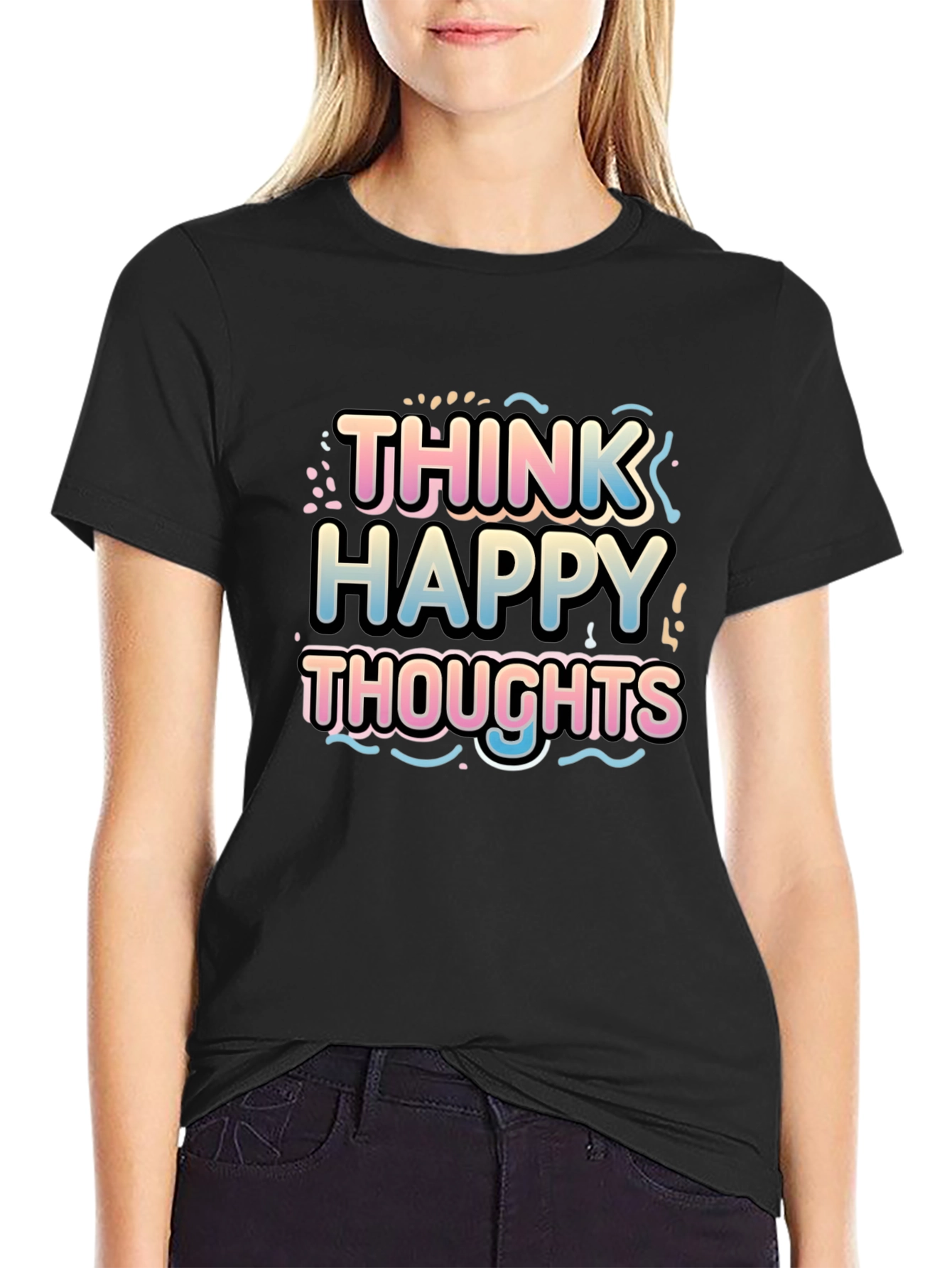 Black Think Happy Thoughts Graphic T-Shirt view 2