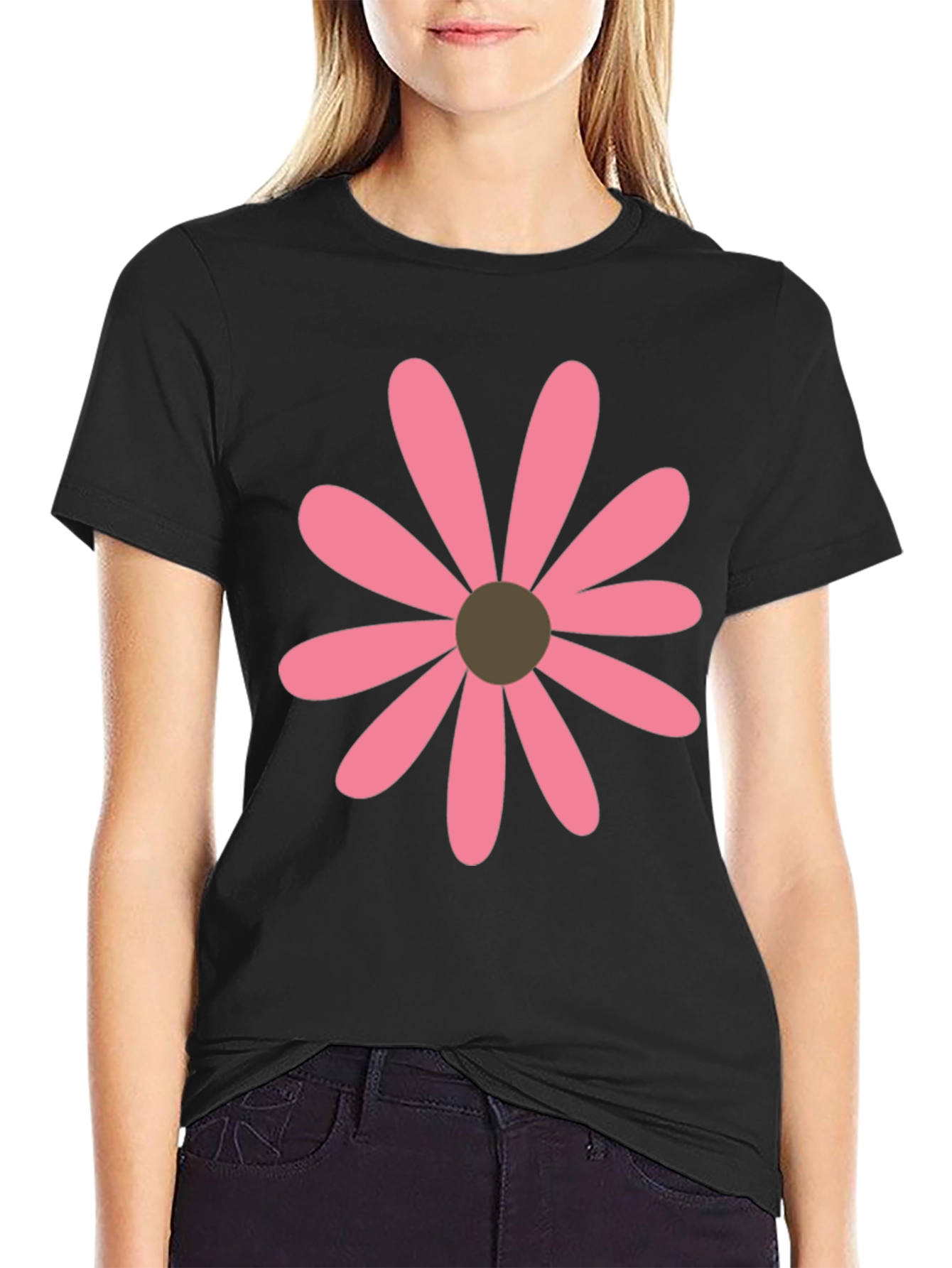 Black Pink Daisy Graphic Black T-Shirt view 2