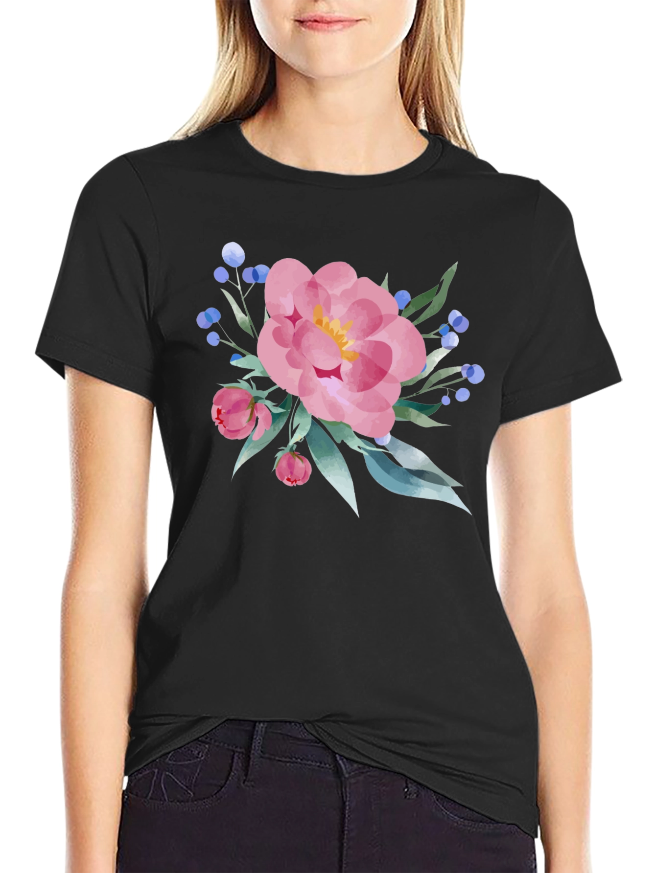 Black Floral Print Black T-Shirt view 2