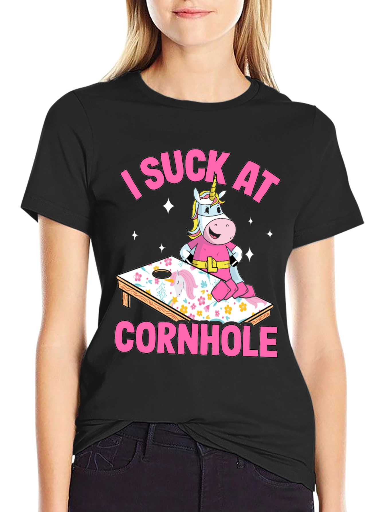 Black I Suck At Cornhole Unicorn T-Shirt view 2