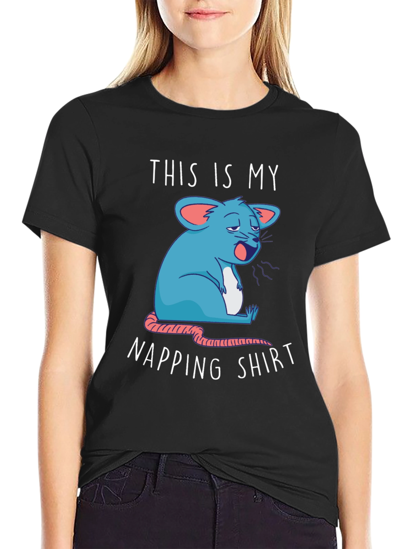 Black Napping Shirt - Funny Cartoon Sleepy Mouse Tee view 2