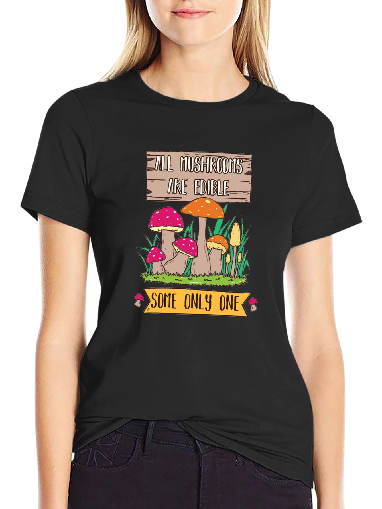 Black Funny Mushroom Graphic Tee - All Mushrooms Are Edible view 2