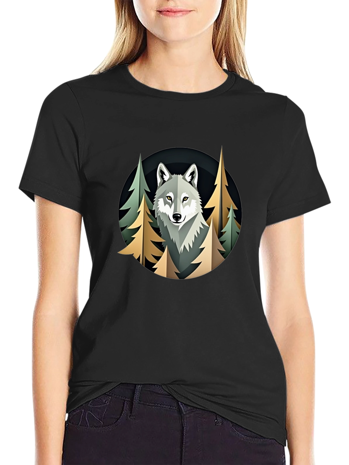 Black Wolf in Woods Graphic Tee - Premium Black T-Shirt view 2