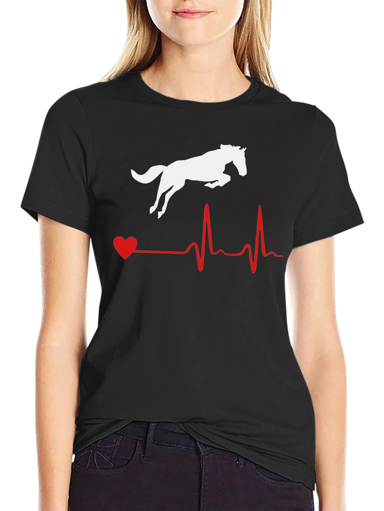 Black Horse Heartbeat Graphic Tee - Equestrian Lover Shirt view 2