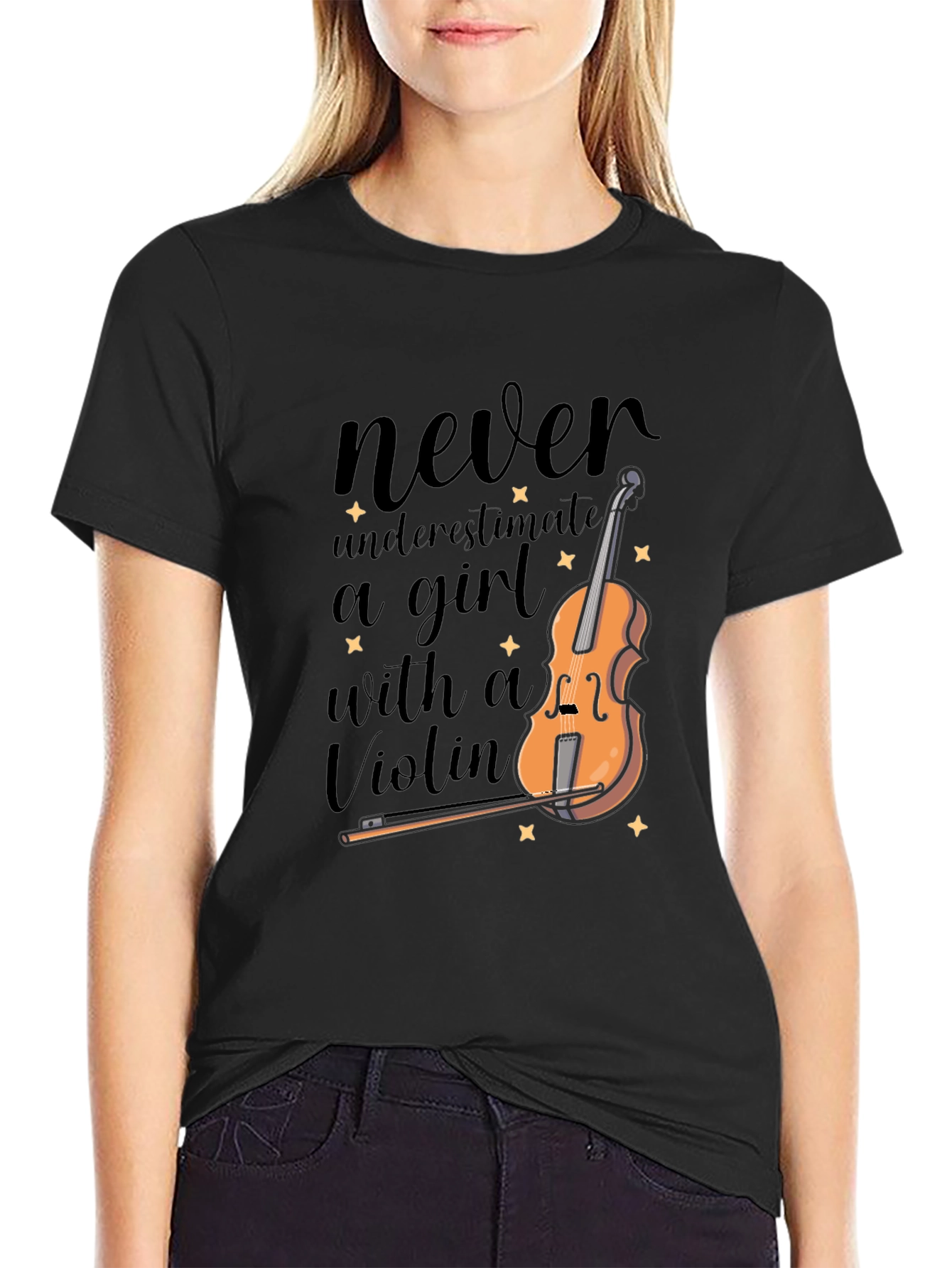 Black Never Underestimate a Girl with a Violin T-Shirt view 2
