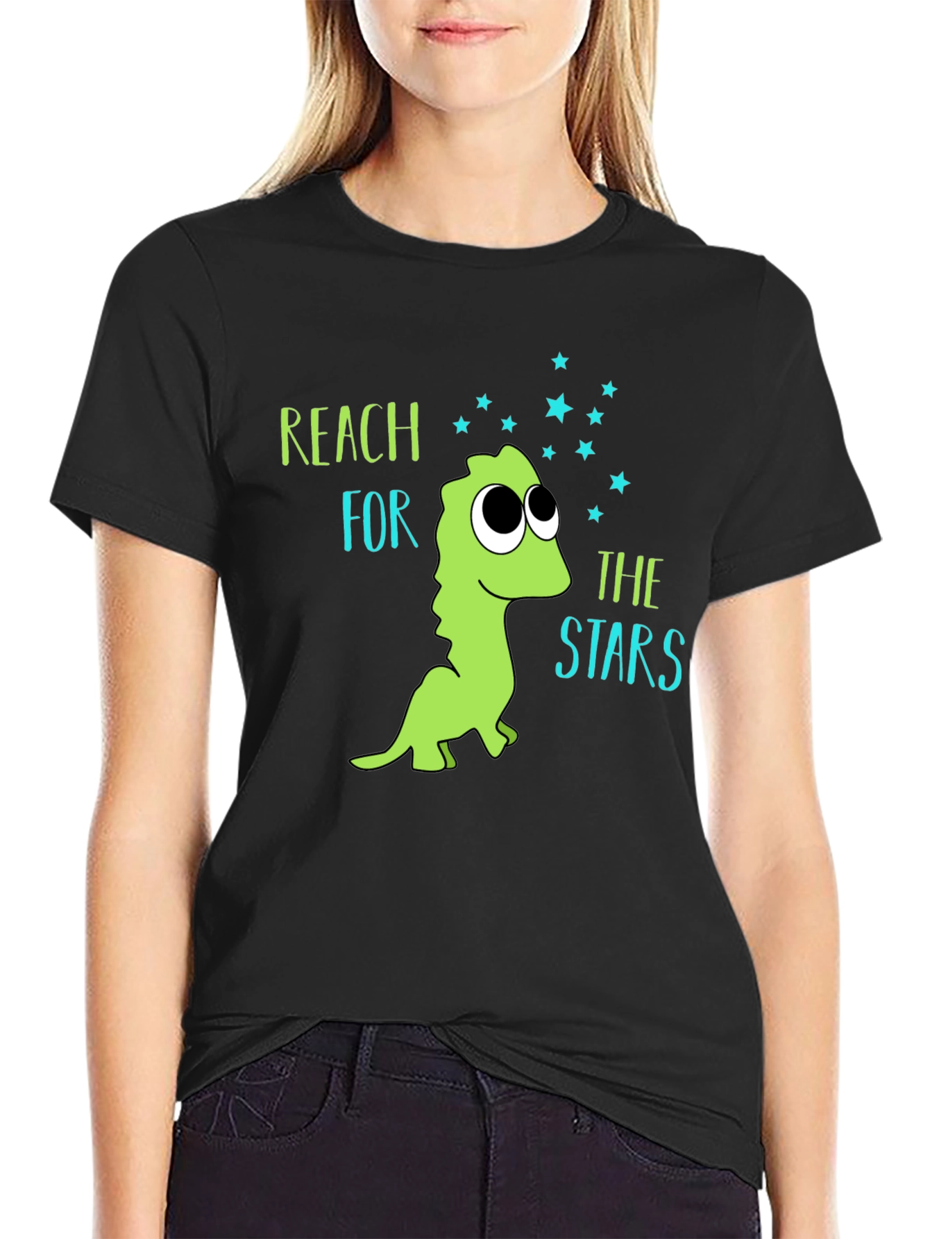 Black Reach for the Stars Dinosaur T-Shirt view 2