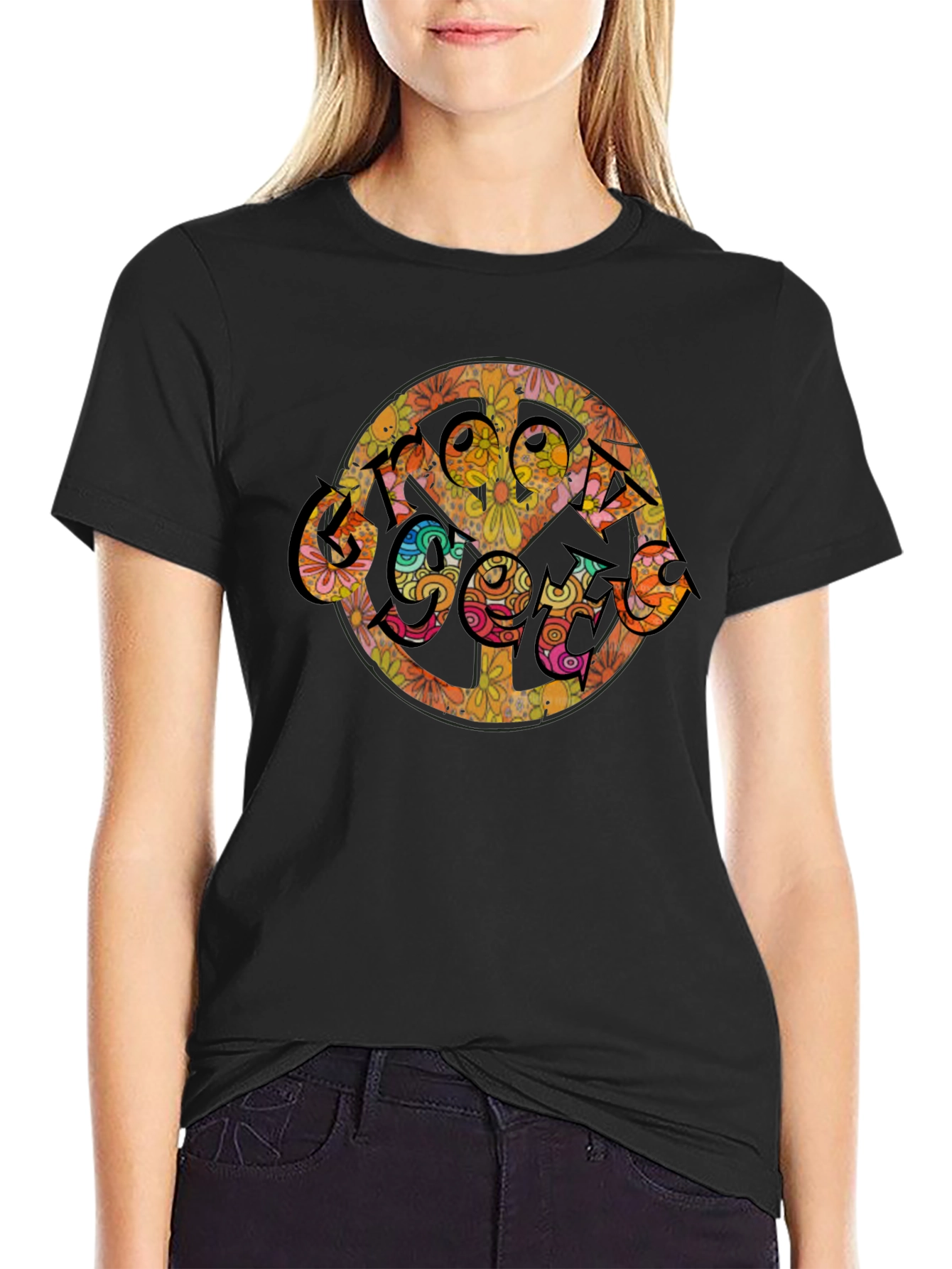 Black Groovy Retro Floral Peace Sign T-Shirt view 2