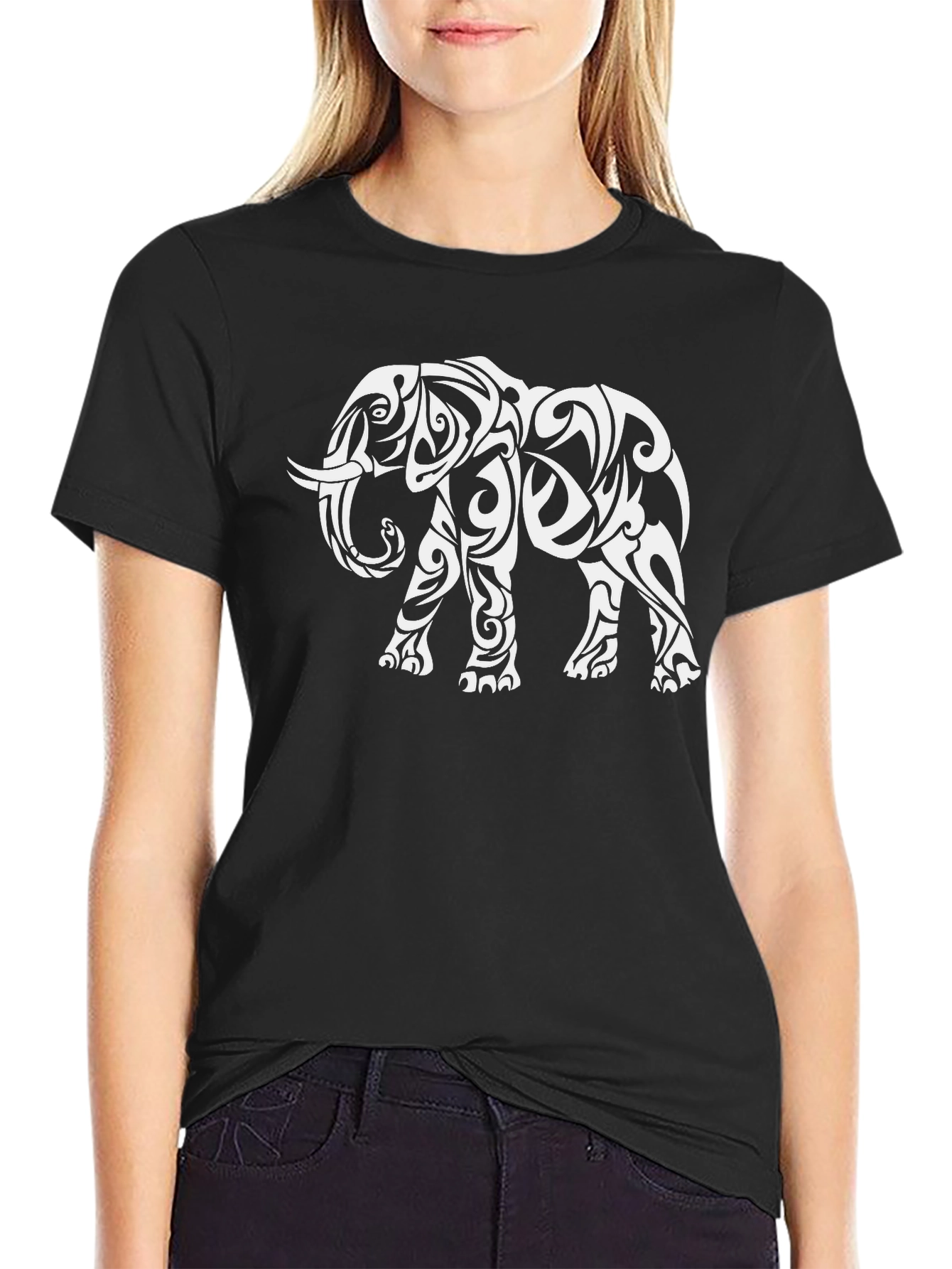 Black Tribal Elephant Graphic Tee - Black Casual Shirt view 2