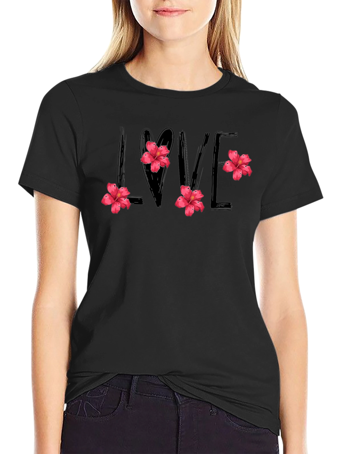 Black Love Floral Graphic Tee - Stylish Black Shirt view 2
