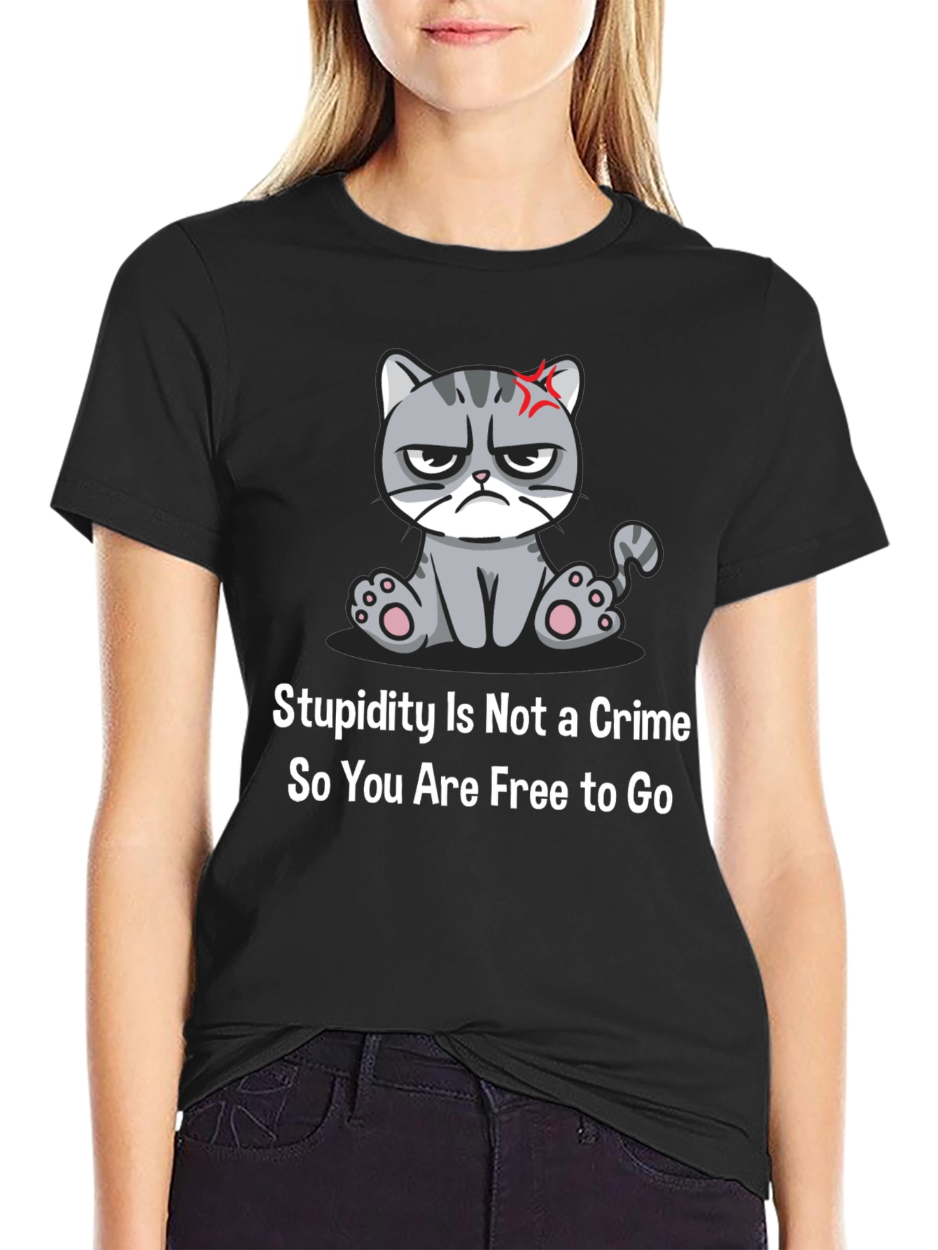 Black Grumpy Cat T-Shirt: Stupidity Is Not a Crime - Funny Sarcastic Tee view 2