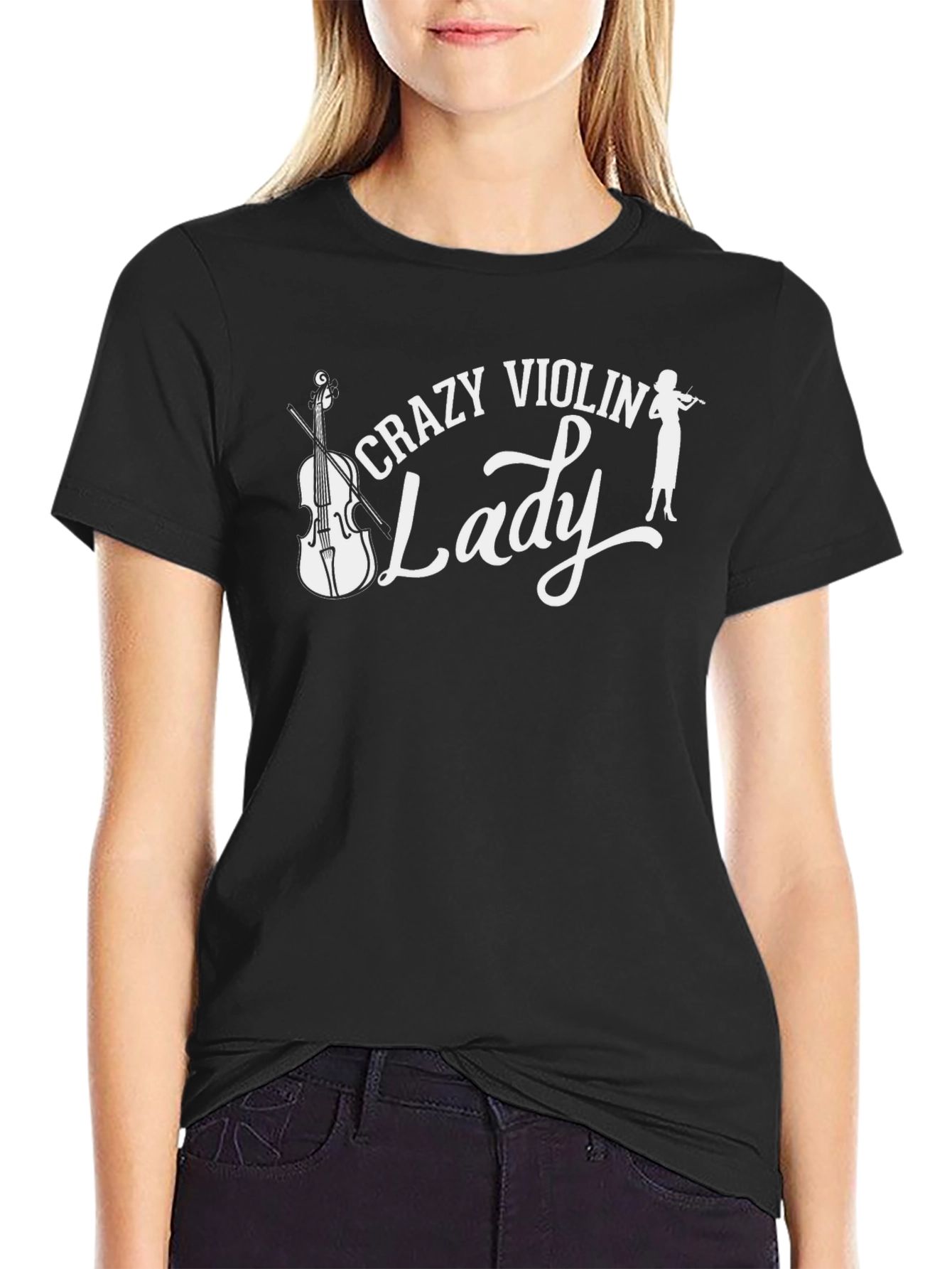 Black Crazy Violin Lady T-Shirt view 2