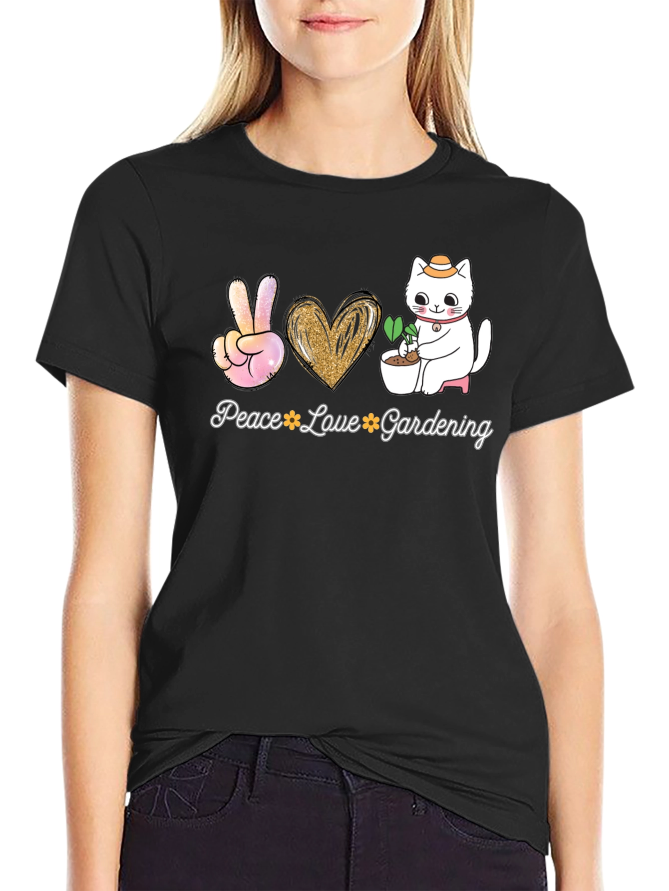 Black Peace Love Gardening T-Shirt - Cat Lover Tee view 2