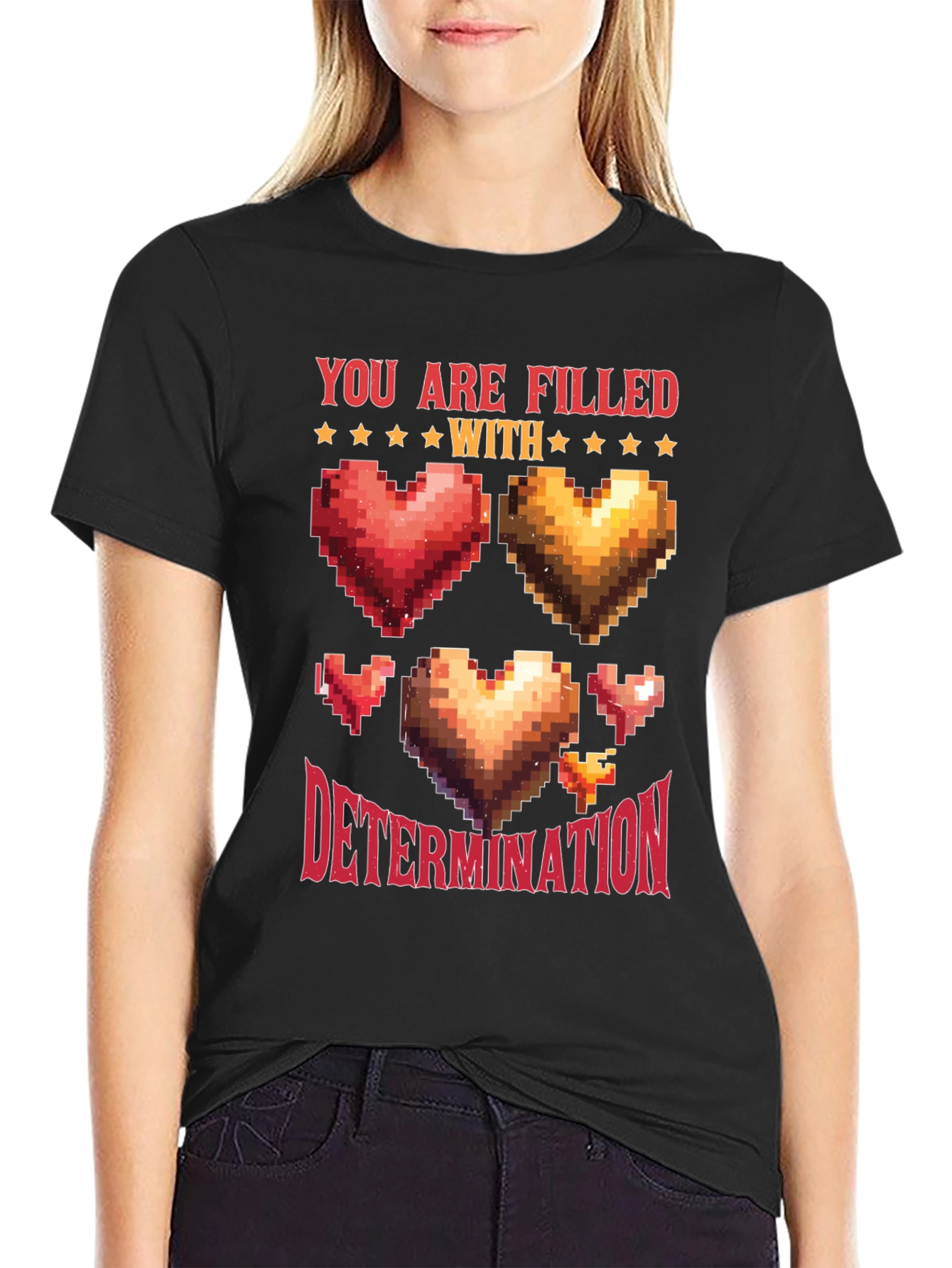 Black Pixel Heart Determination Graphic T-Shirt view 2