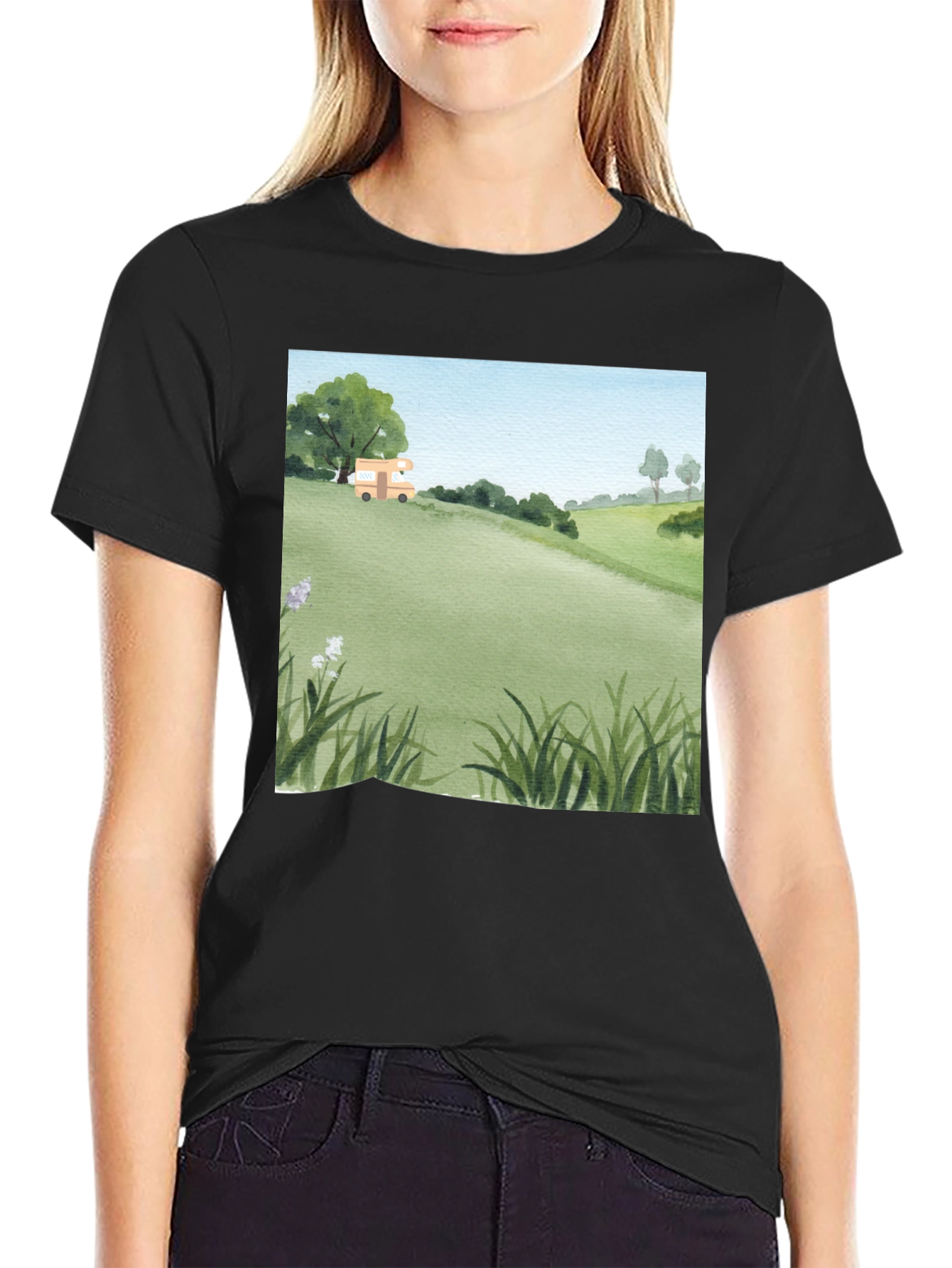 Black Watercolor Landscape Camper T-Shirt view 2