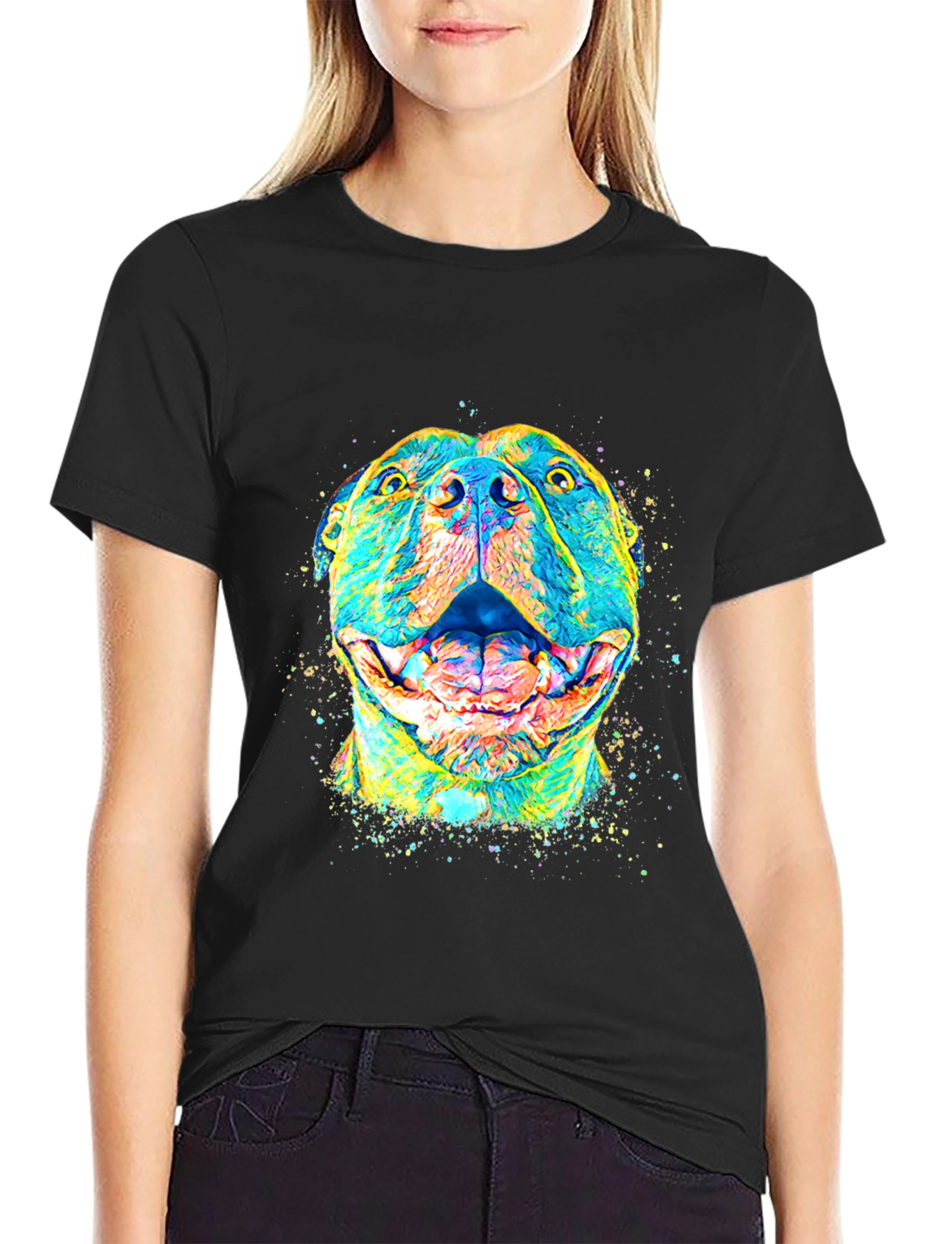 Black Colorful Pitbull Dog Graphic T-Shirt view 2