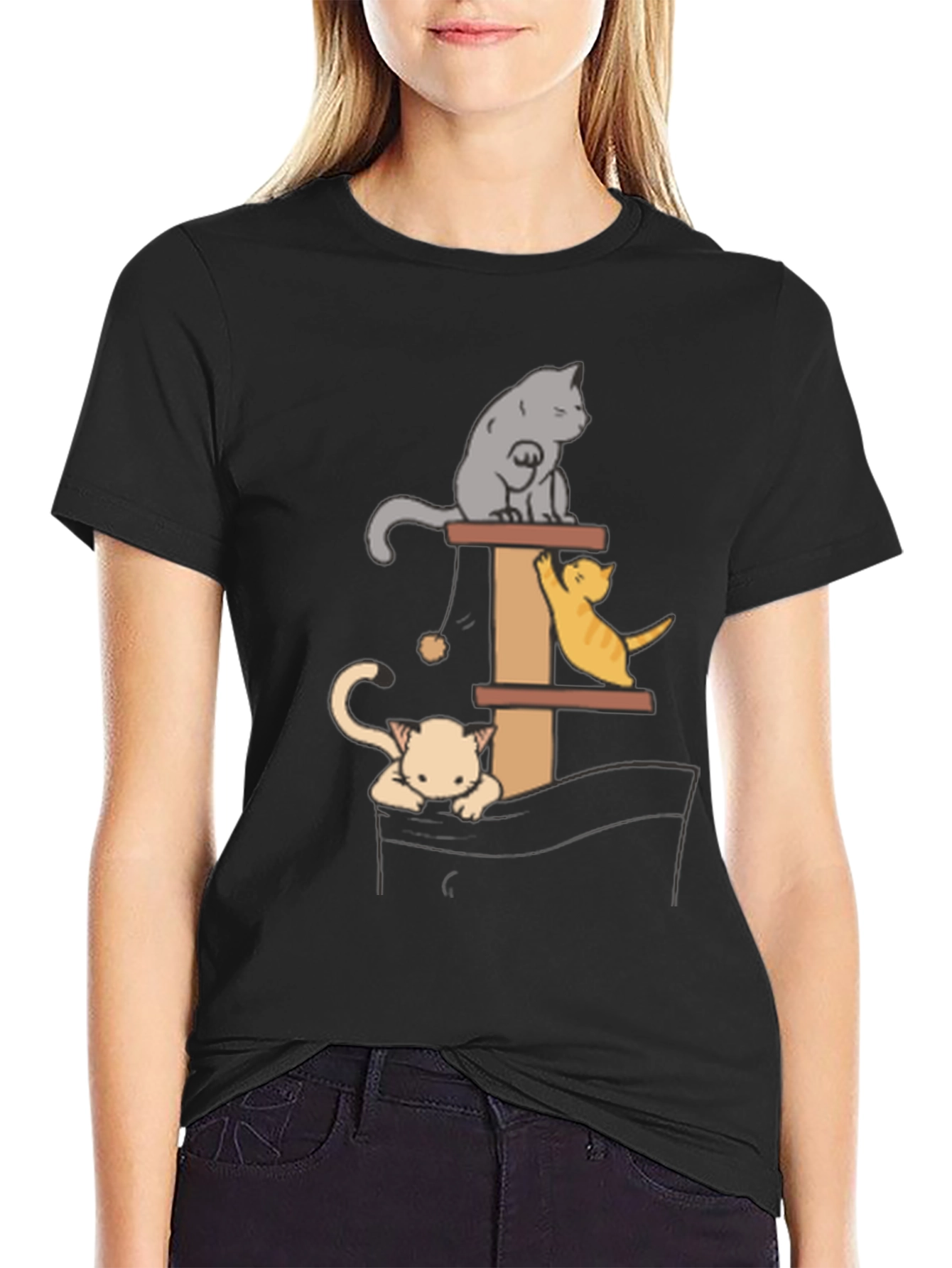 Black Cat Tower T-Shirt - Playful Kitten Design view 2