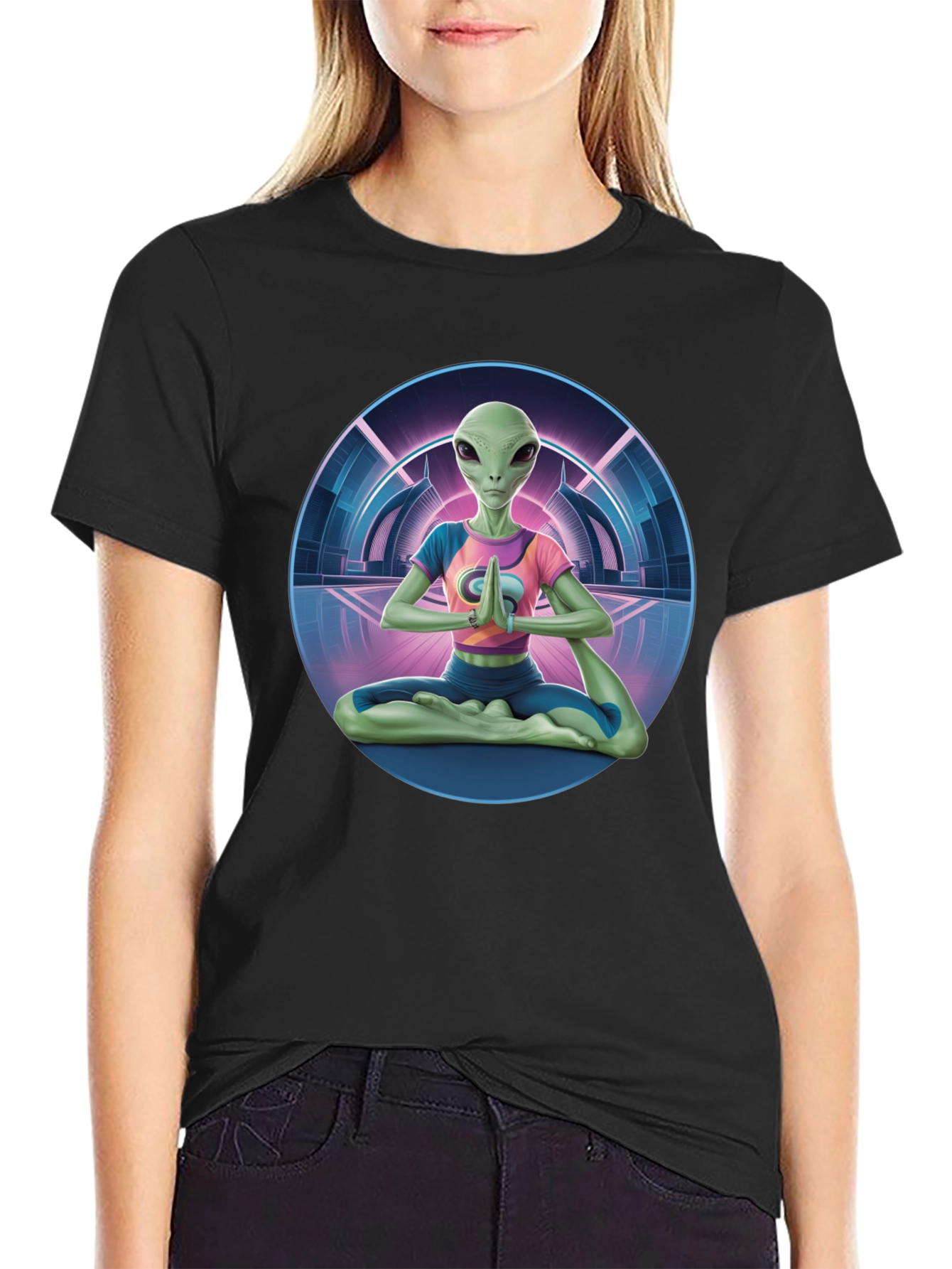 Black Alien Yoga Meditation T-Shirt - Men's Black Graphic Tee view 2