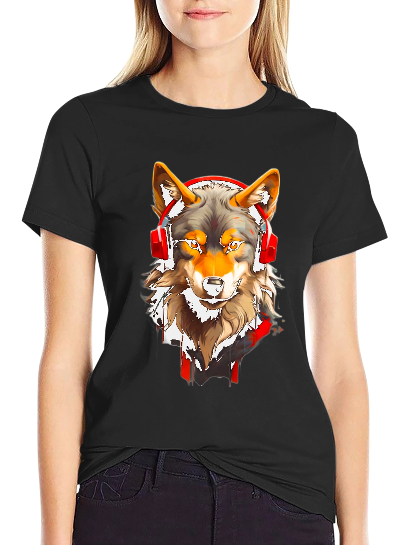Black Wolf Headphones Graphic Tee view 2