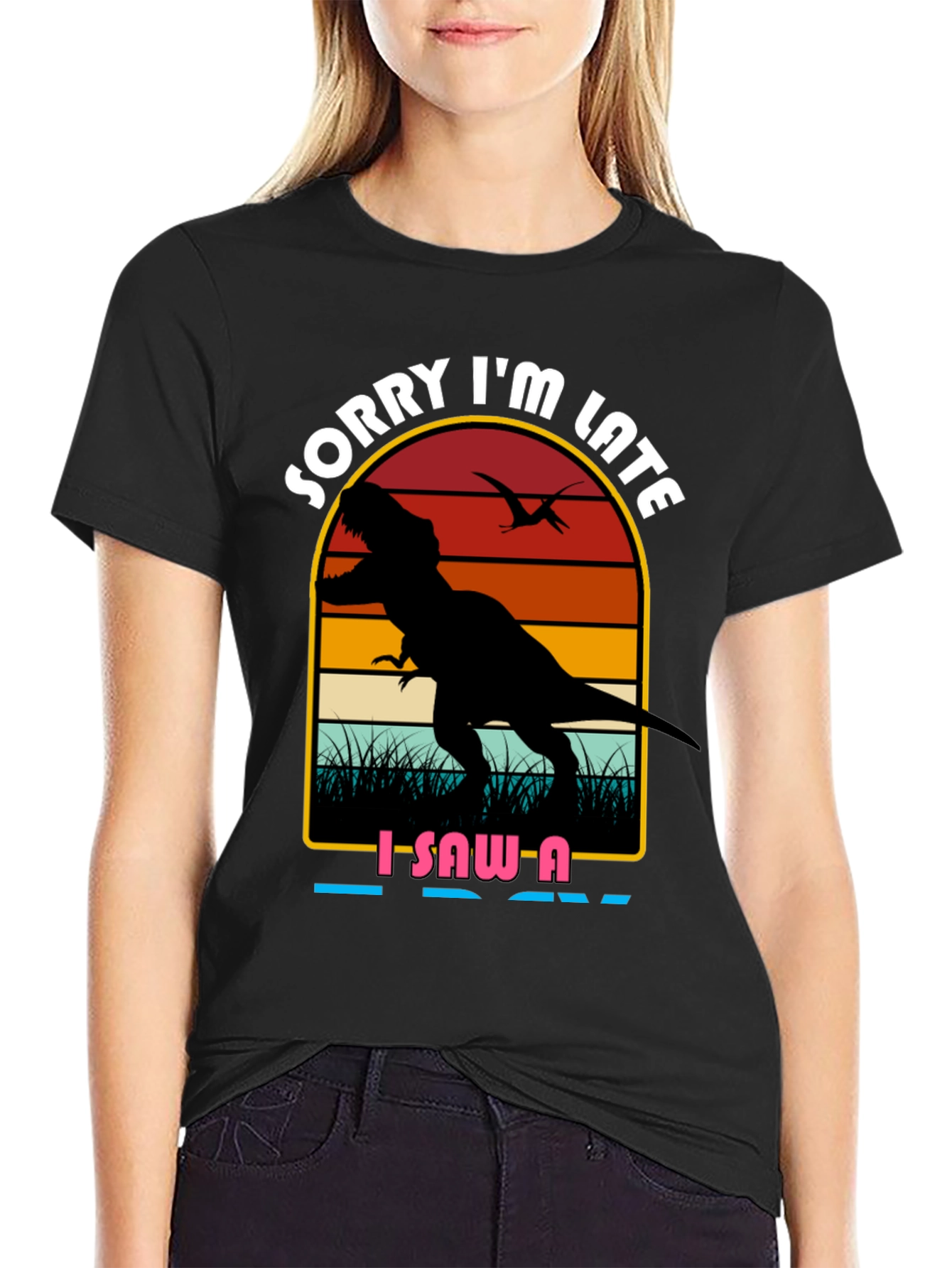Black Sorry I'm Late Dinosaur Graphic Tee view 2