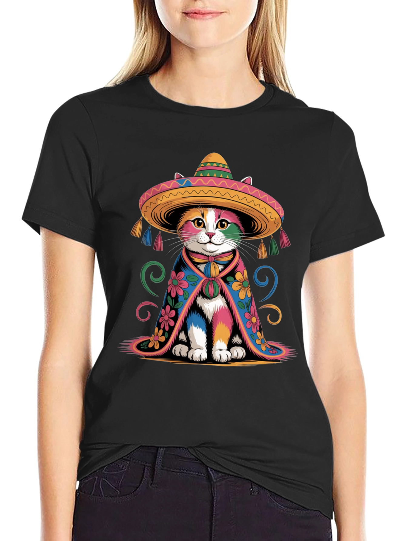 Black Colorful Cat Sombrero T-Shirt view 2