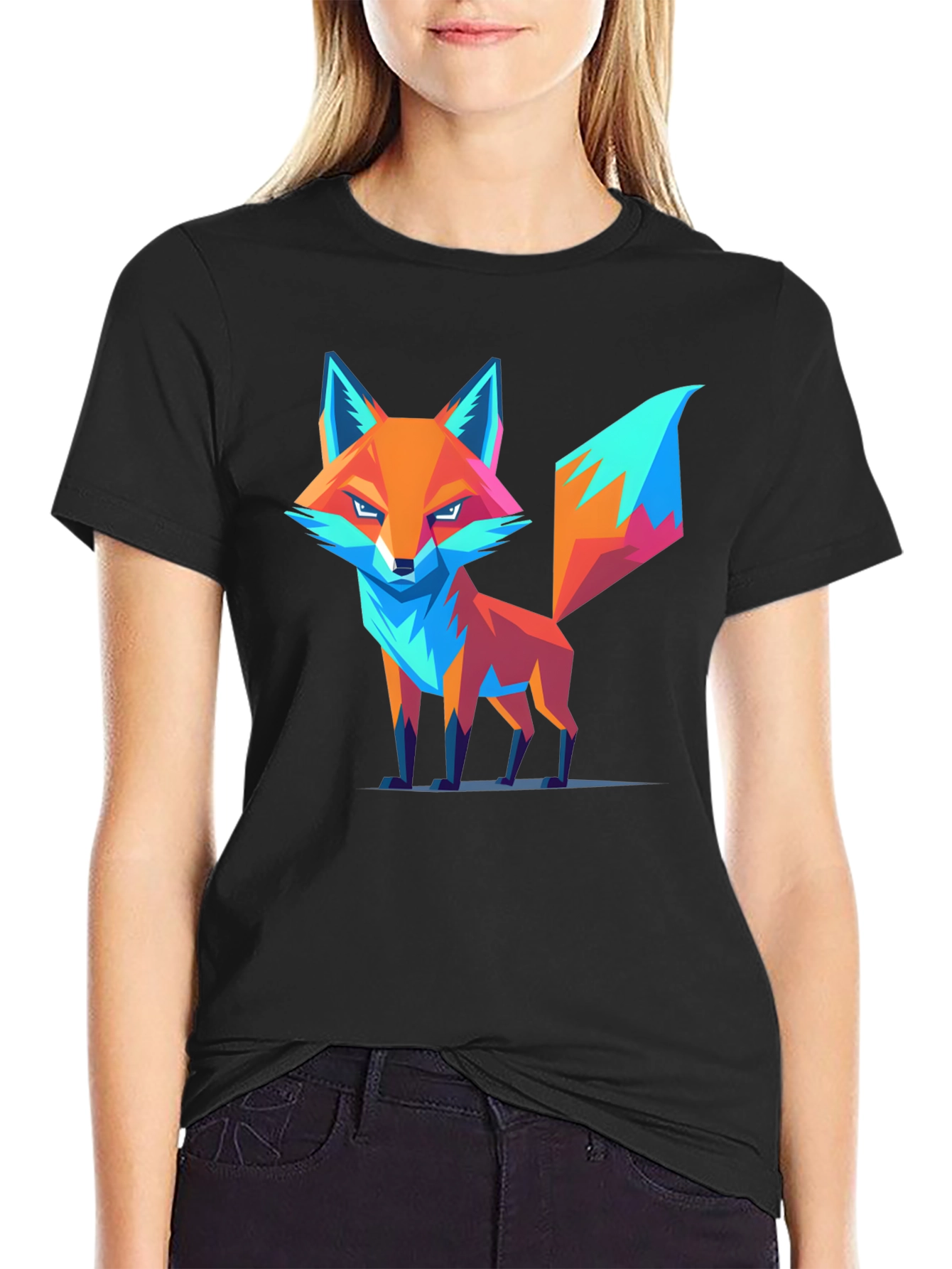 Black Geometric Fox Graphic T-Shirt - Trendy Design view 2