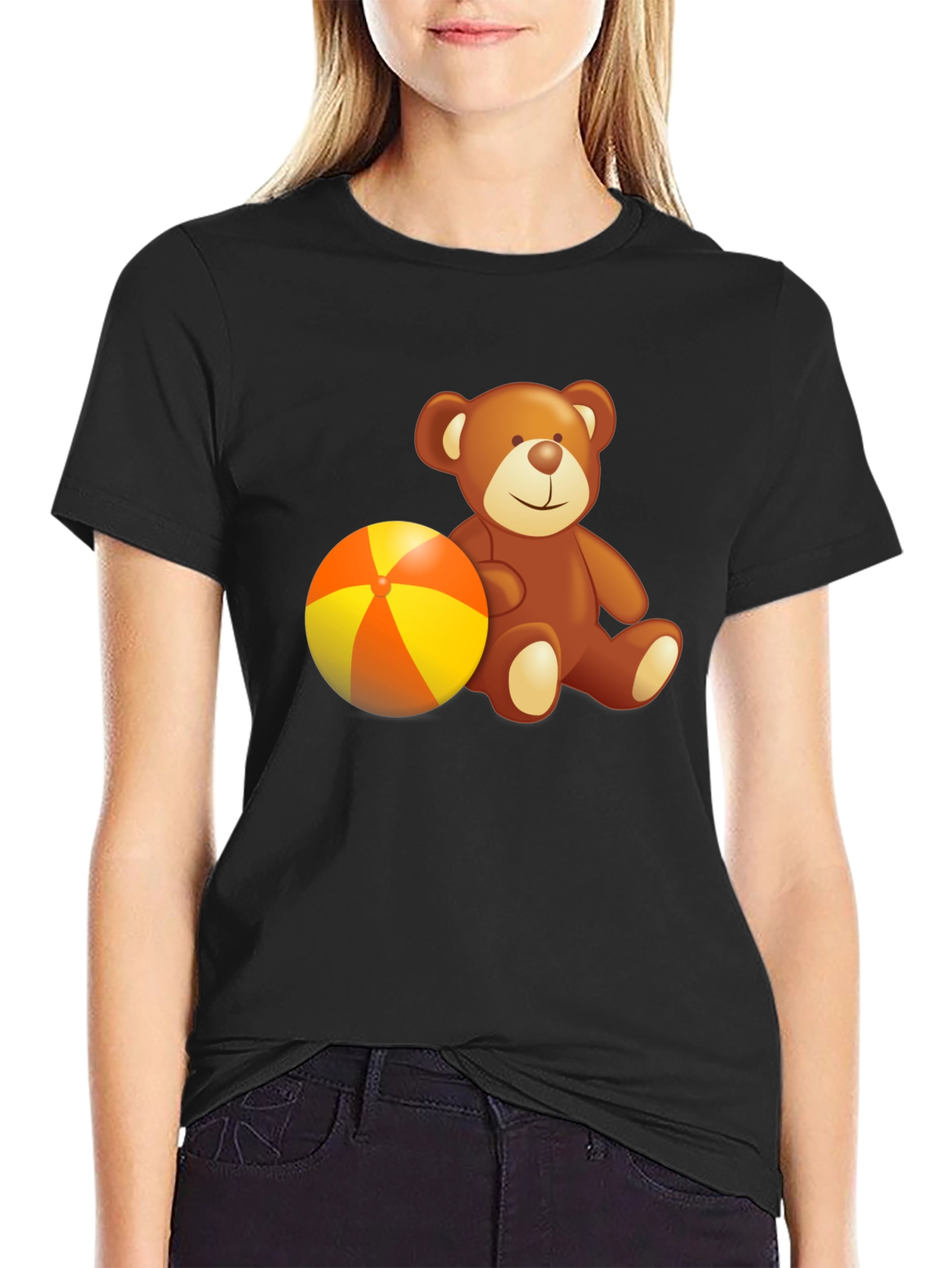 Black Teddy Bear & Beach Ball Graphic Tee - Soft Cotton Comfort view 2